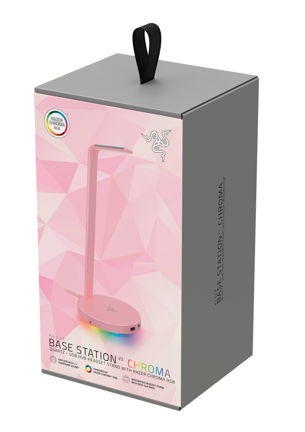 Supporto per cuffie Razer Chroma rosa e confezione, con illuminazione e design RGB.