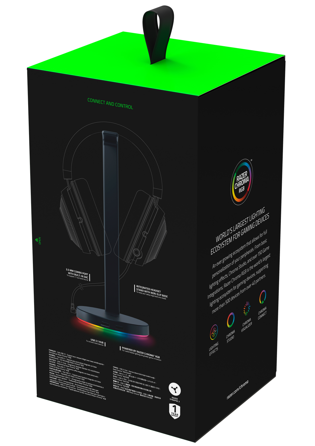 Schwarze Razer Chroma RGB Box mit Headset-Ständer und Headset, mit Text und Grafiken.