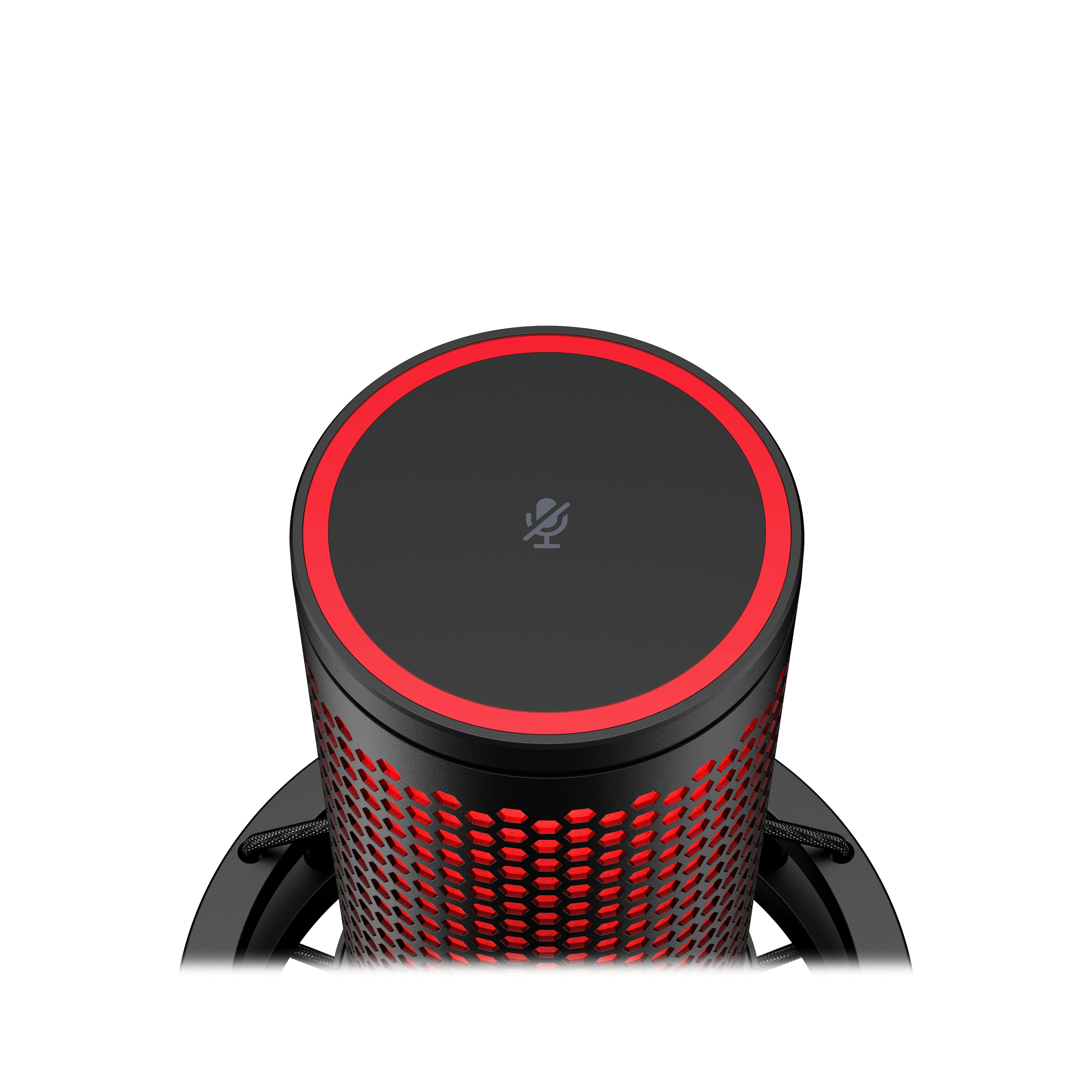 Gros plan sur la tête d'un microphone. Il est noir avec un anneau rouge et un symbole de microphone.