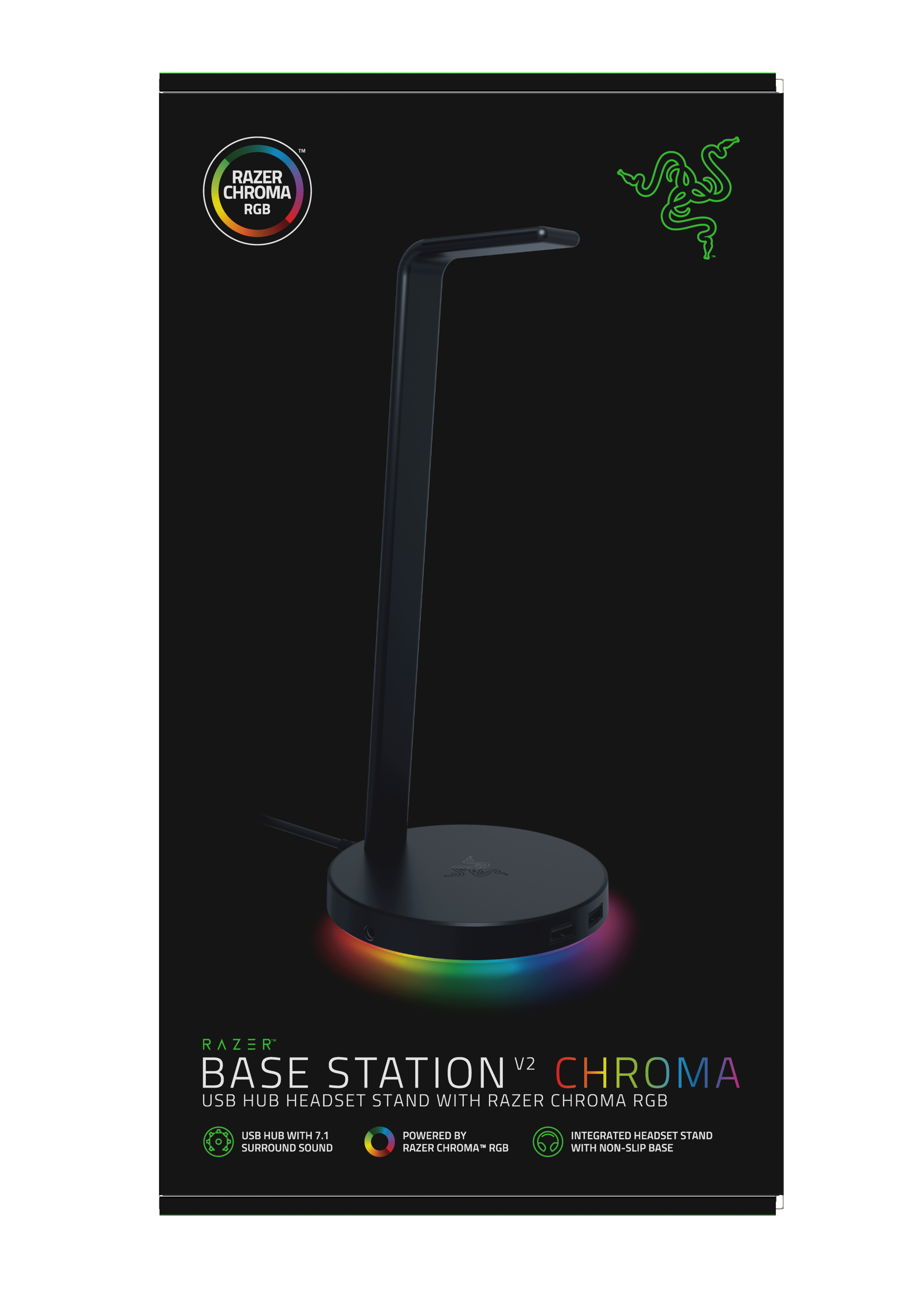 Ein schwarzer Razer-Headset-Ständer mit farbenfroher LED-Basis. Der Ständer hat ein schlankes Design und hält ein Headset. Die Box befindet sich im Hintergrund.