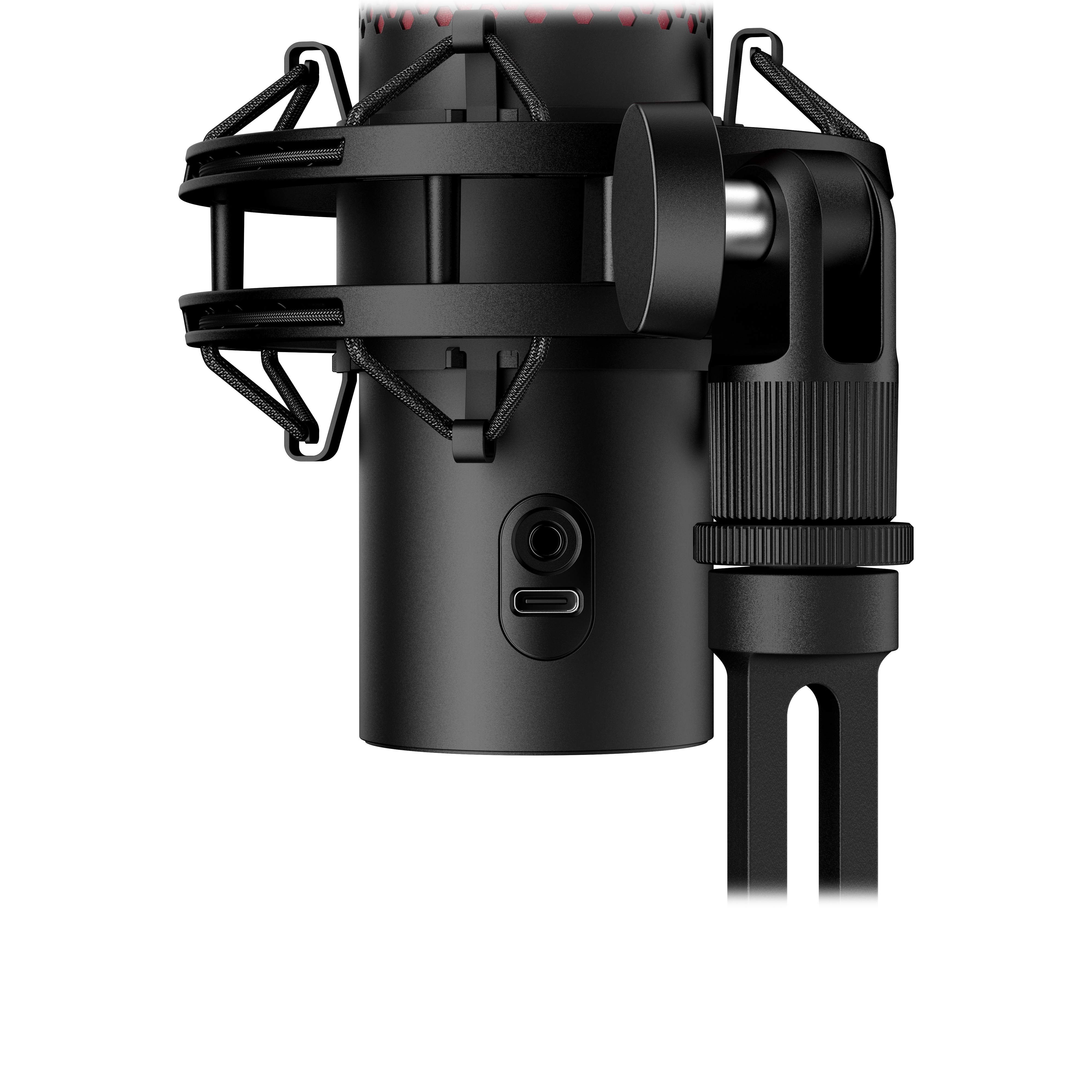 Microphone noir avec port USB-C sur pied, avec filtre anti-pop.