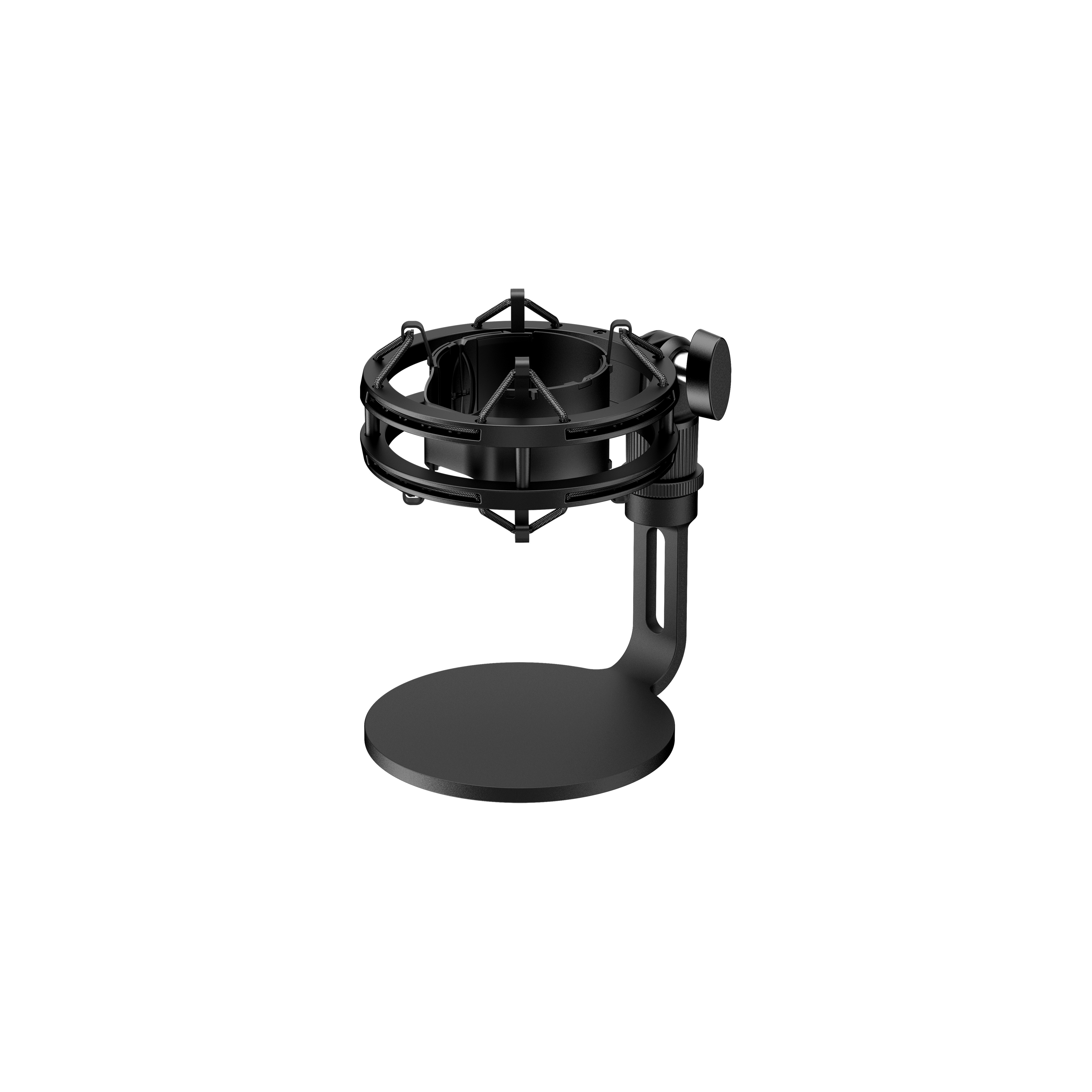 Support antichoc de microphone noir sur une base circulaire. Il a un bras incurvé.