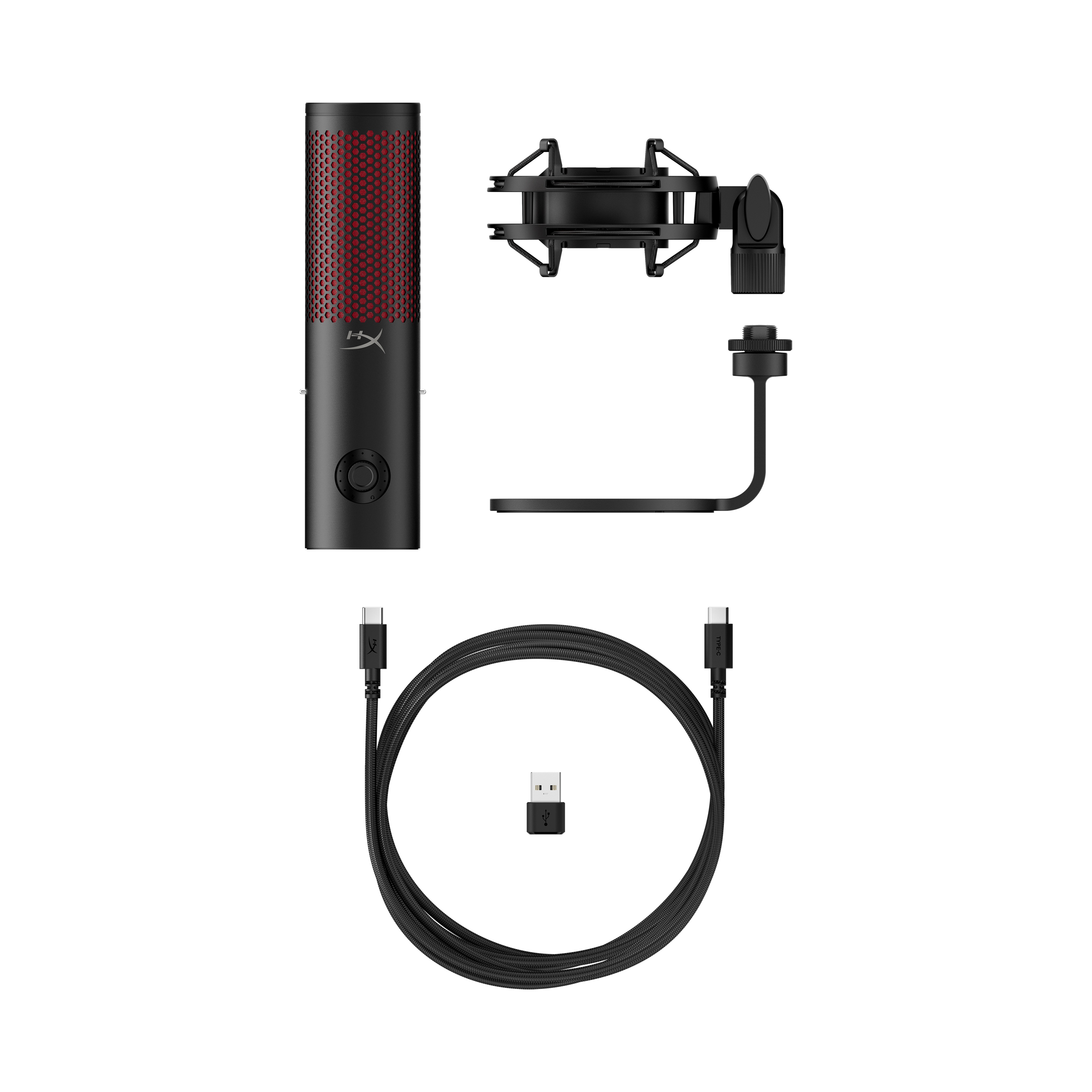 Un microphone noir et rouge avec son support, un câble USB et un adaptateur USB.