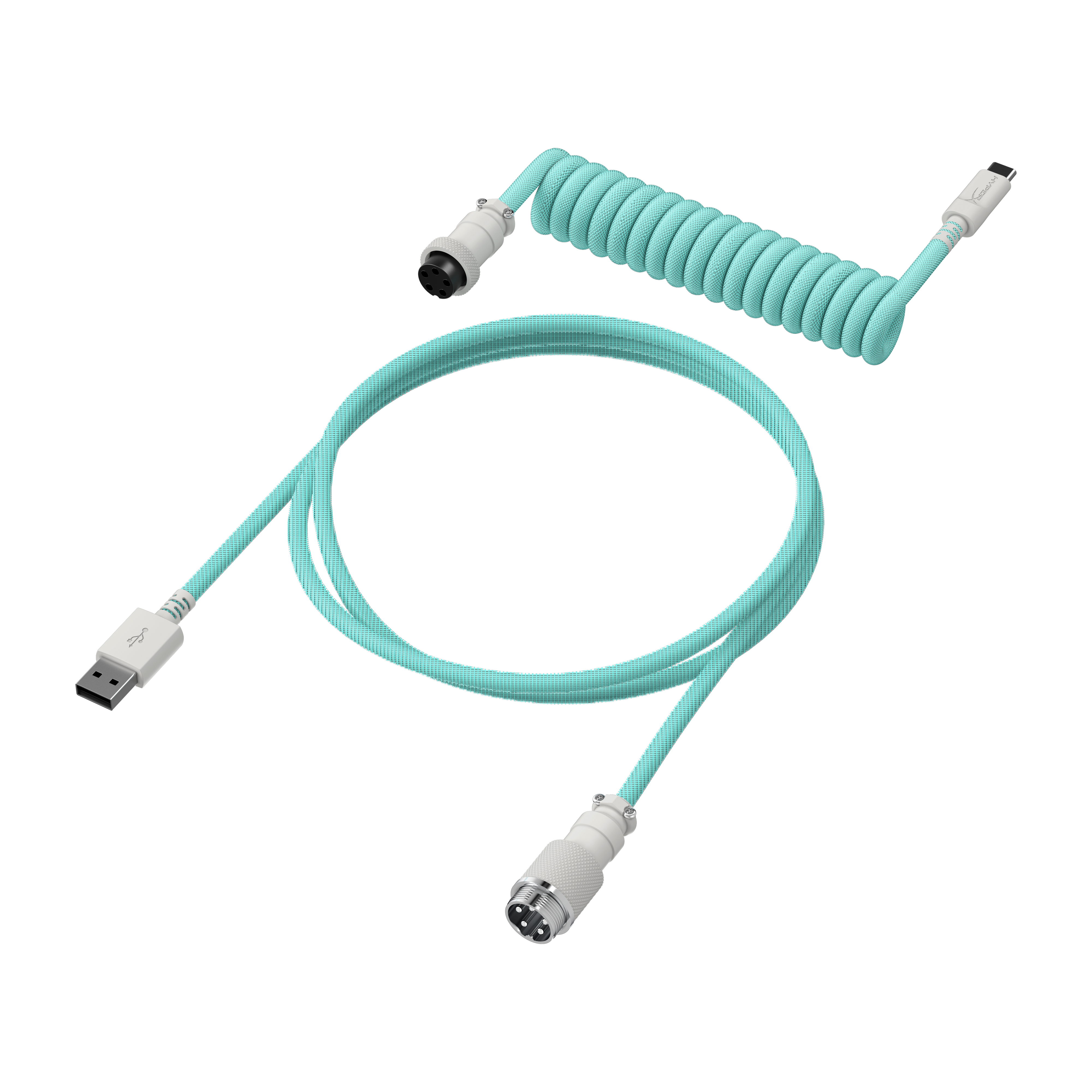 Cavo a spirale turchese con USB e altri connettori.