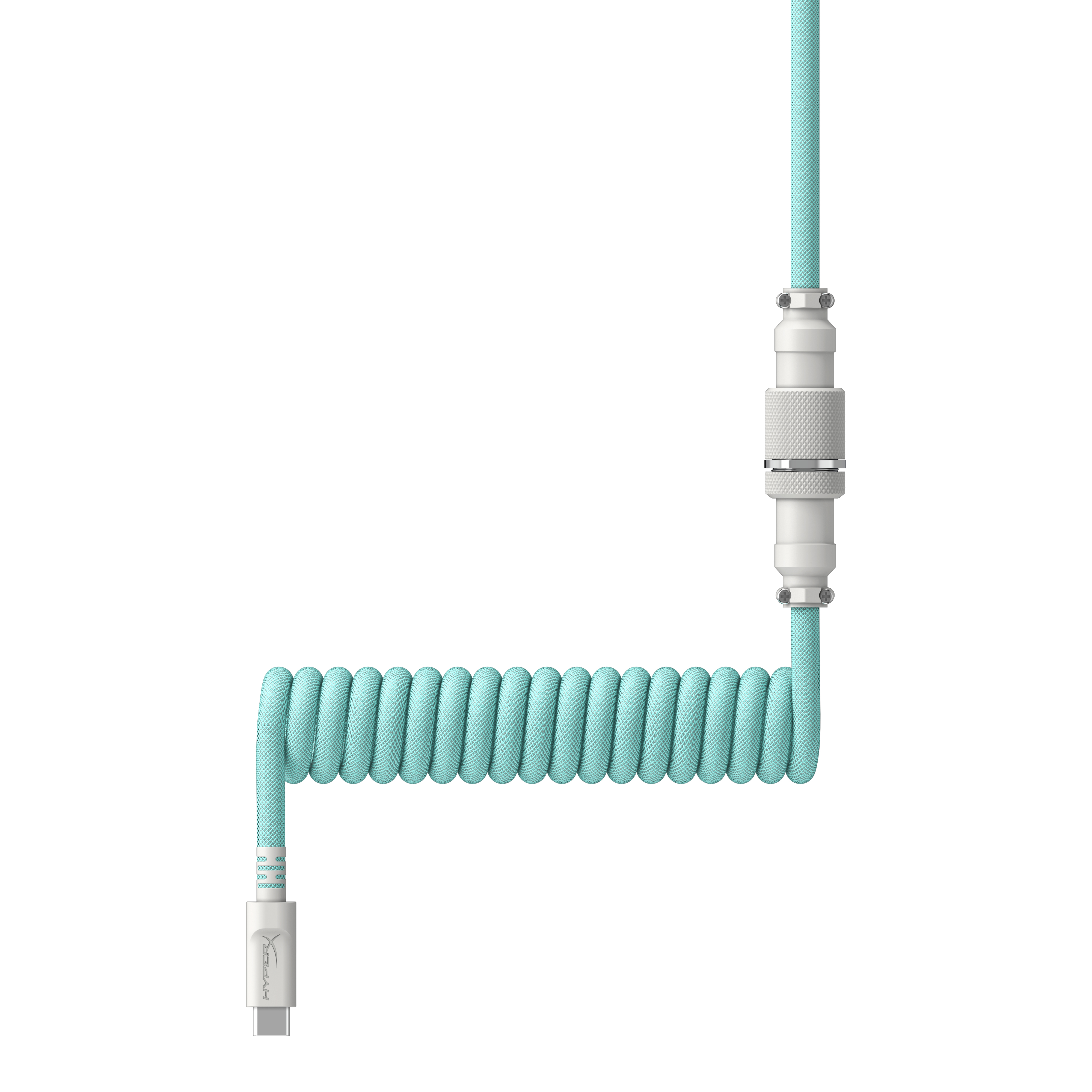 Un cavo a spirale, color turchese con un connettore bianco e un'estremità USB-C.
