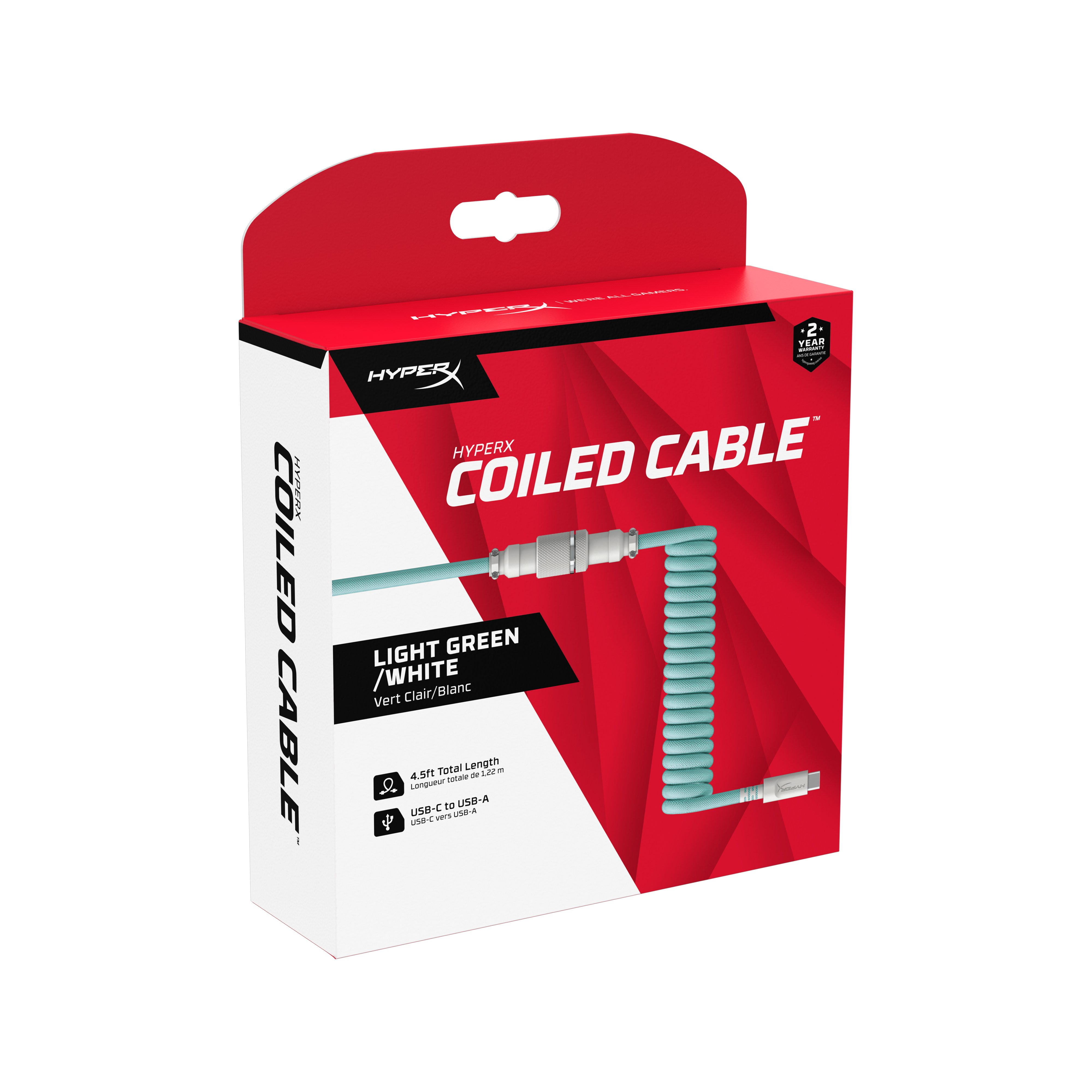 Una scatola rossa e bianca con un cavo a spirale verde chiaro e connettori da USB-C a USB-A.