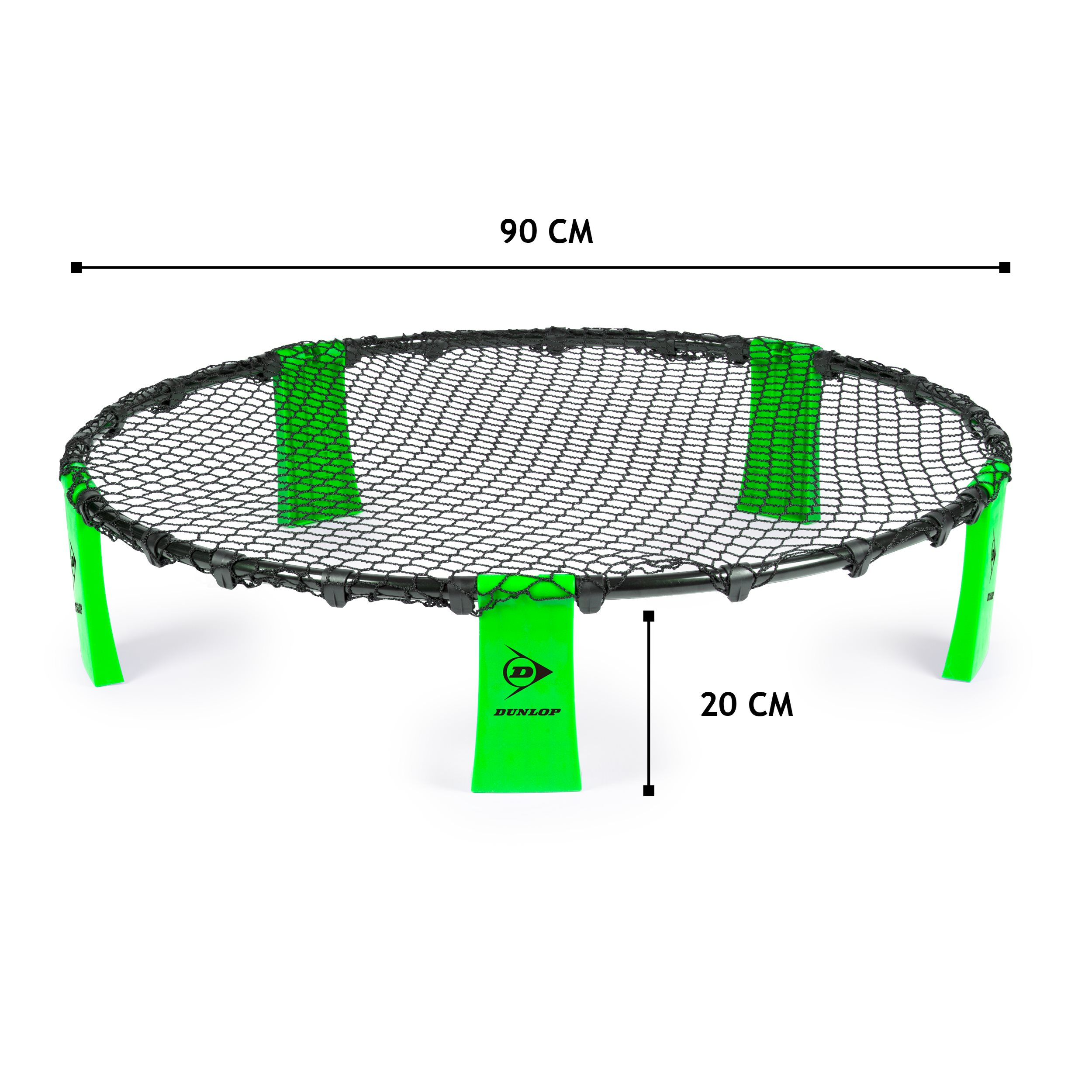Spikeball set met een net en groene steunen.