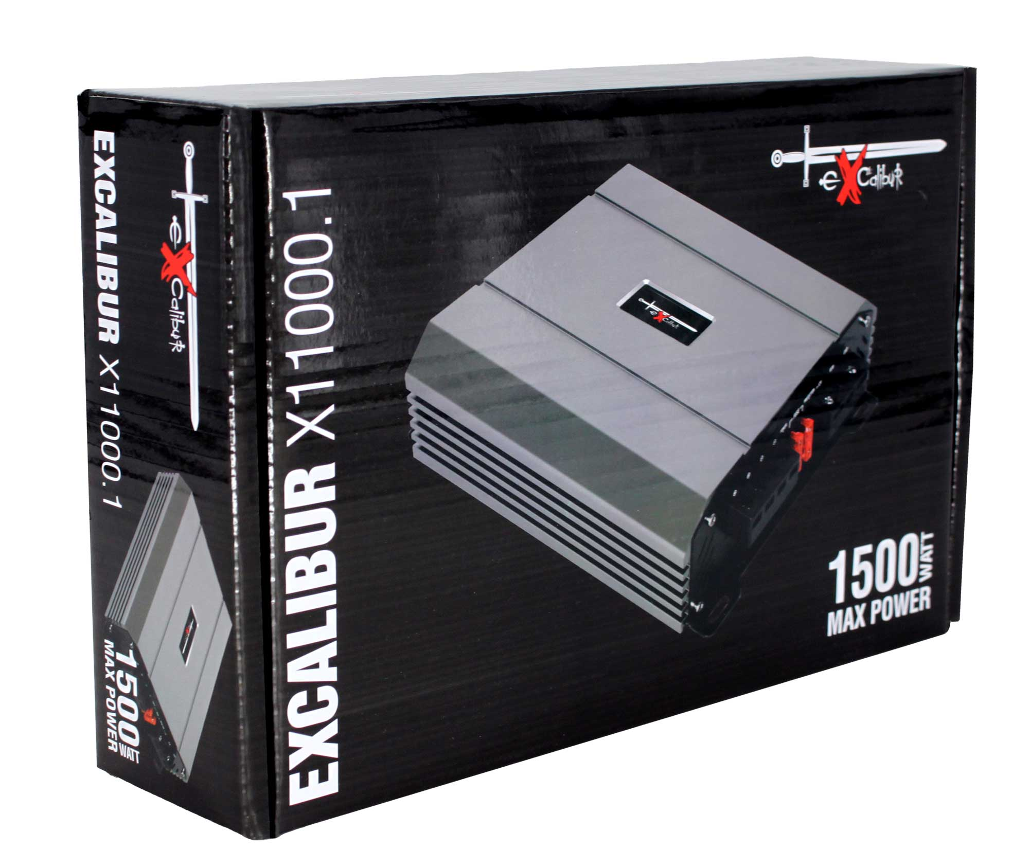 Schwarze Box mit silbernem Verstärker, beschriftet EXCALIBUR X11000.1, 1500 Watt max. Leistung, und Schwertlogo.