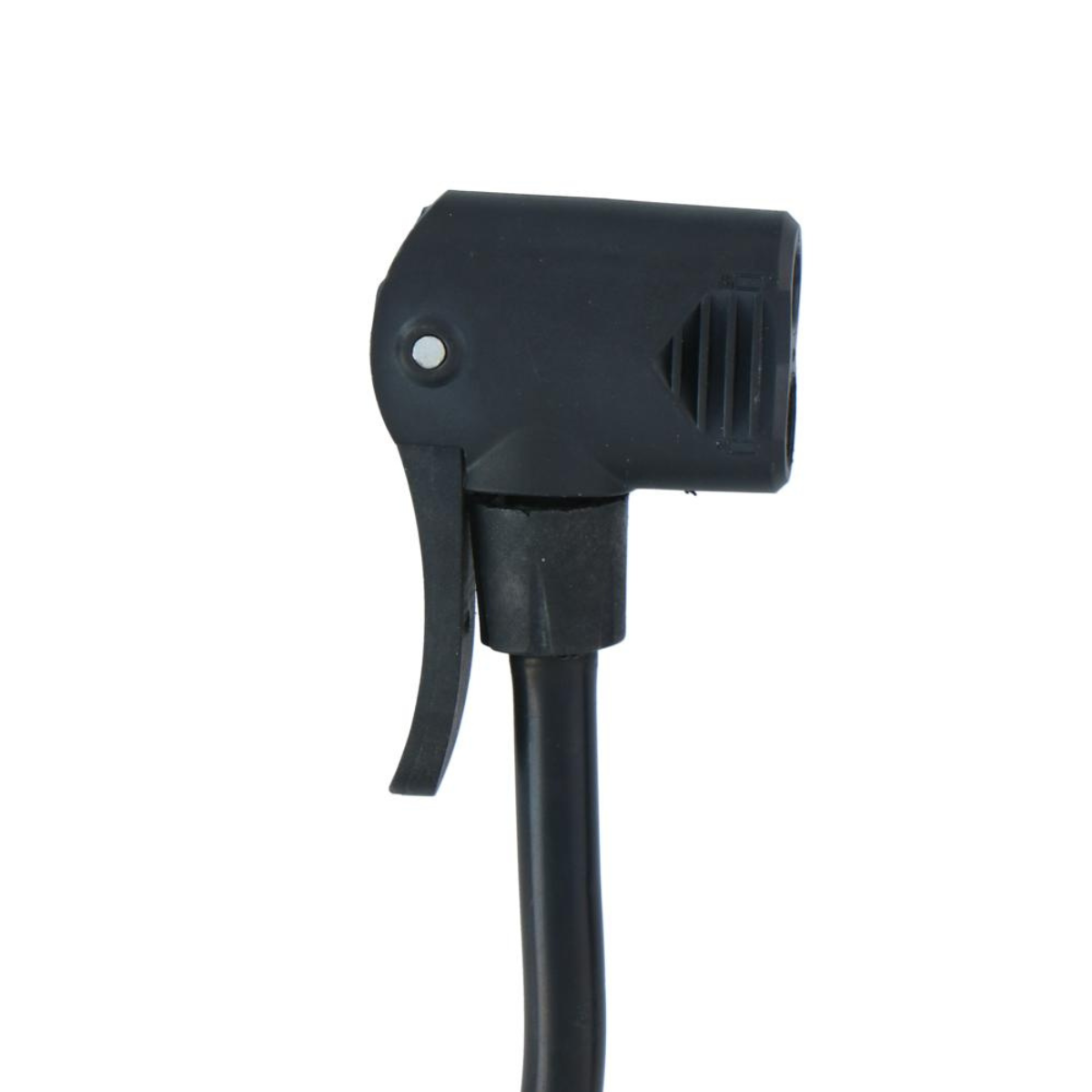 Eine schwarze Luftpumpendüse mit Hebel und Schlauch.