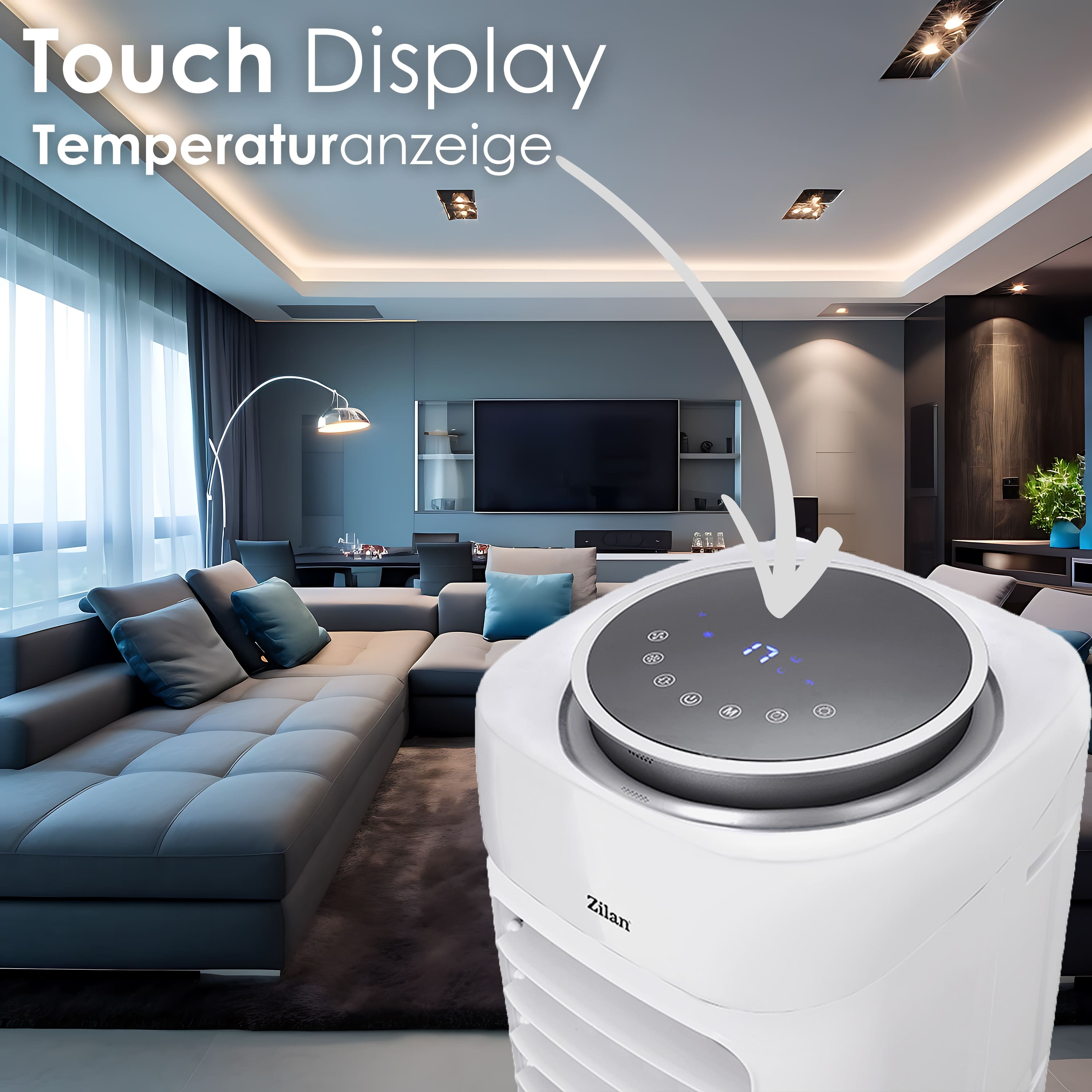 Weißer Luftkühler mit Touch-Display, das 17 anzeigt. Ein modernes Wohnzimmer ist der Hintergrund.