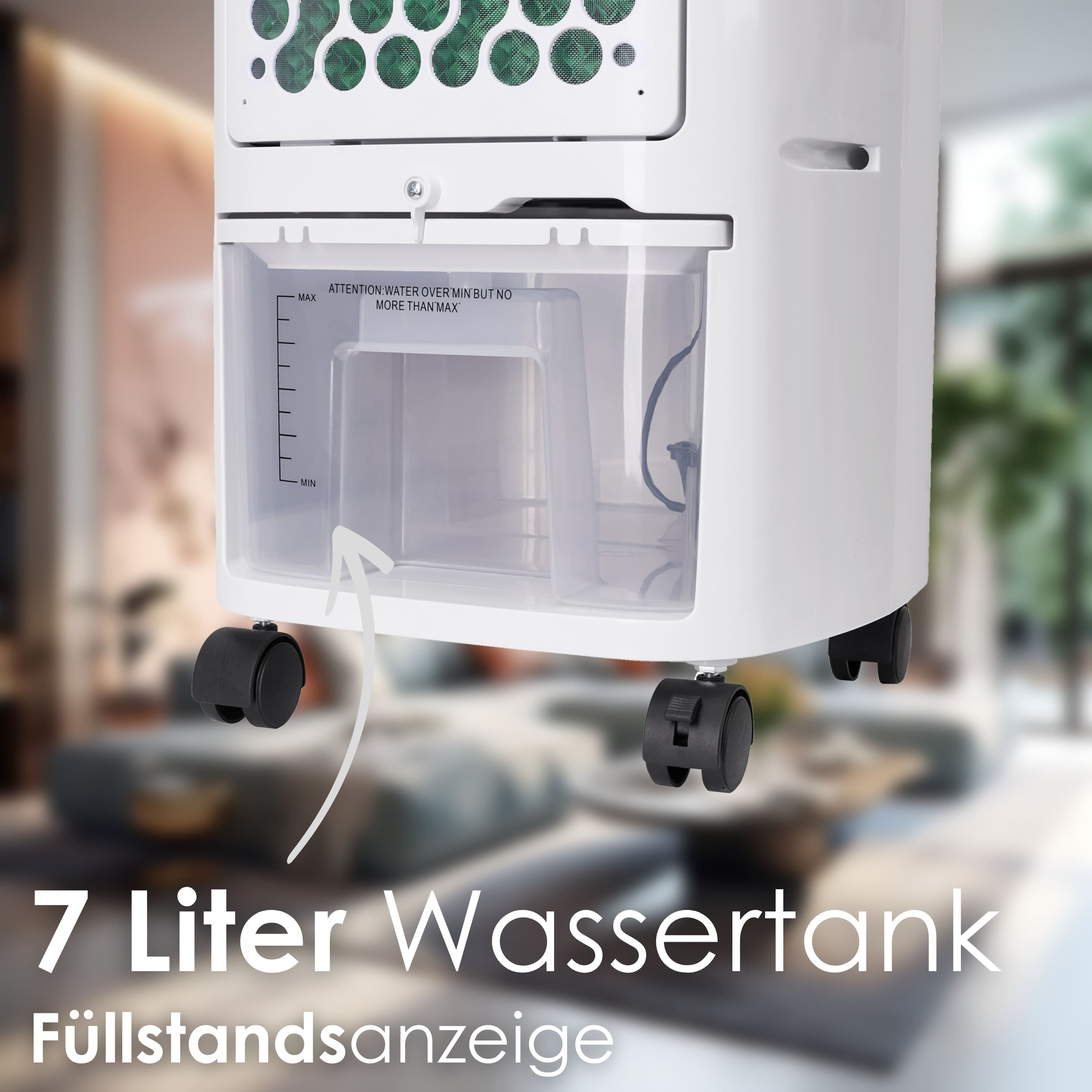 Ein weißer Luftkühler mit Wassertank. Der Tank hat eine transparente Platte mit Wasserstandsanzeige und Rädern.