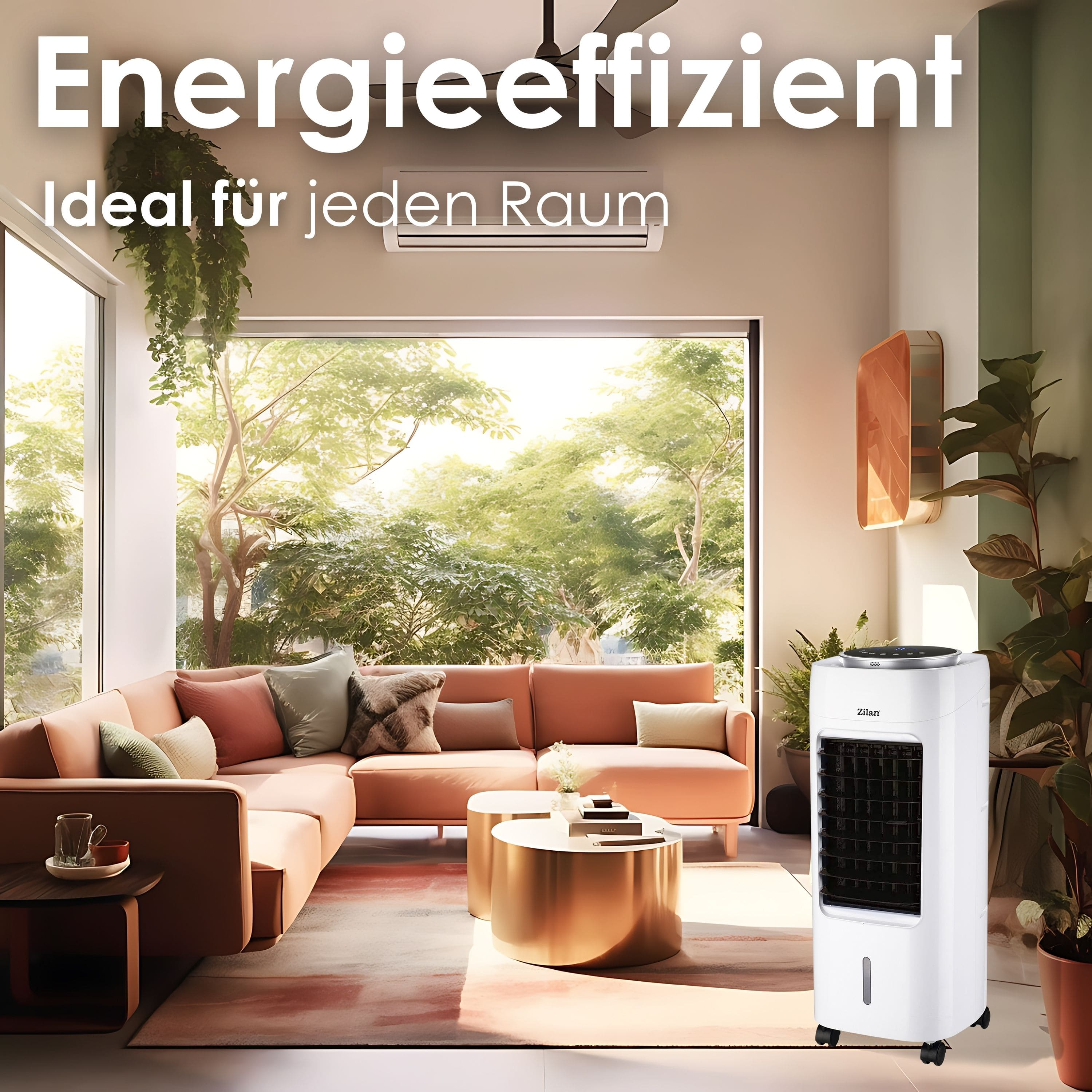 Wohnzimmer mit weißem Luftkühler, Sofa und Pflanzen, wirbt für Energieeffizienz.