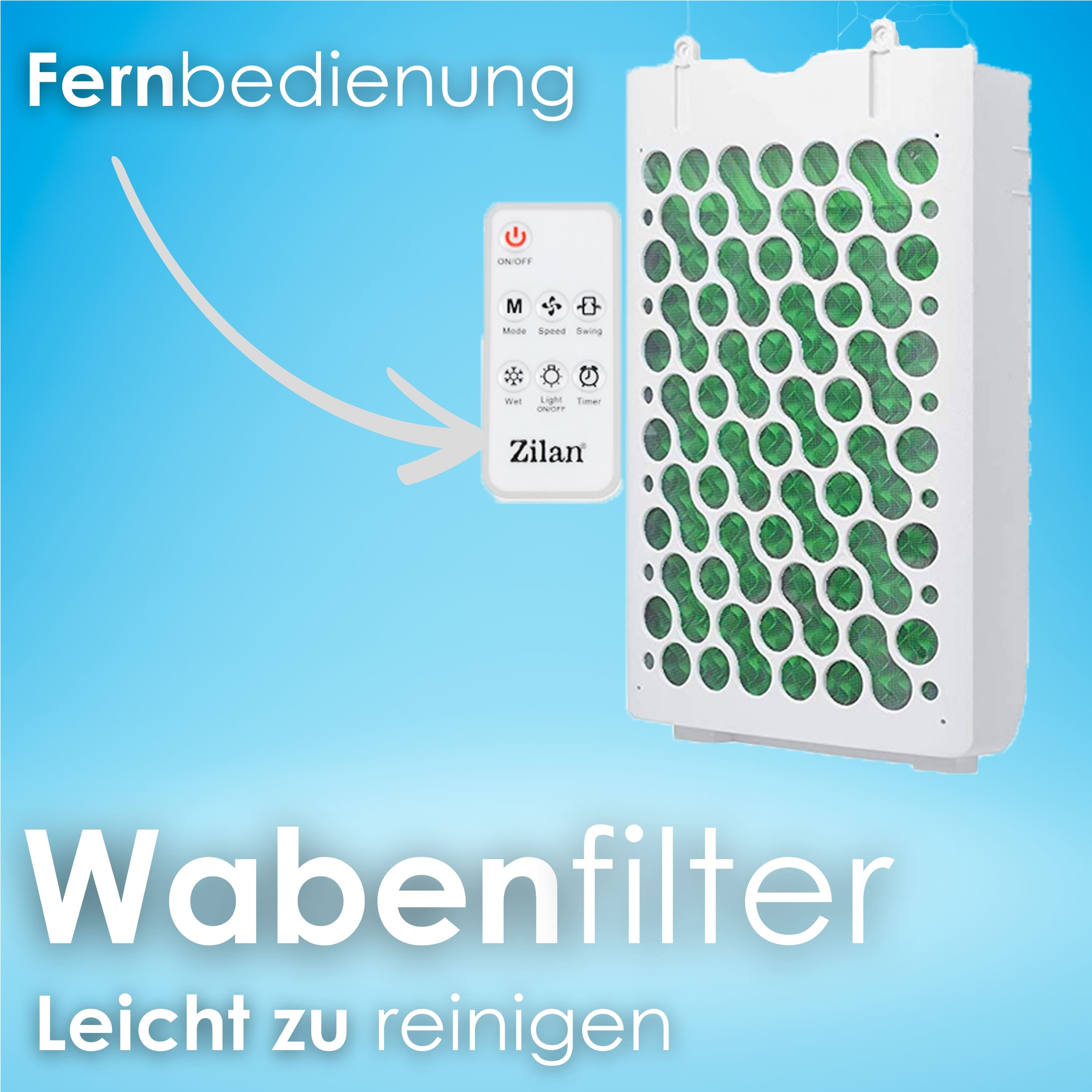Weißer Luftreiniger mit Fernbedienung und Text auf Deutsch. Blauer Hintergrund.