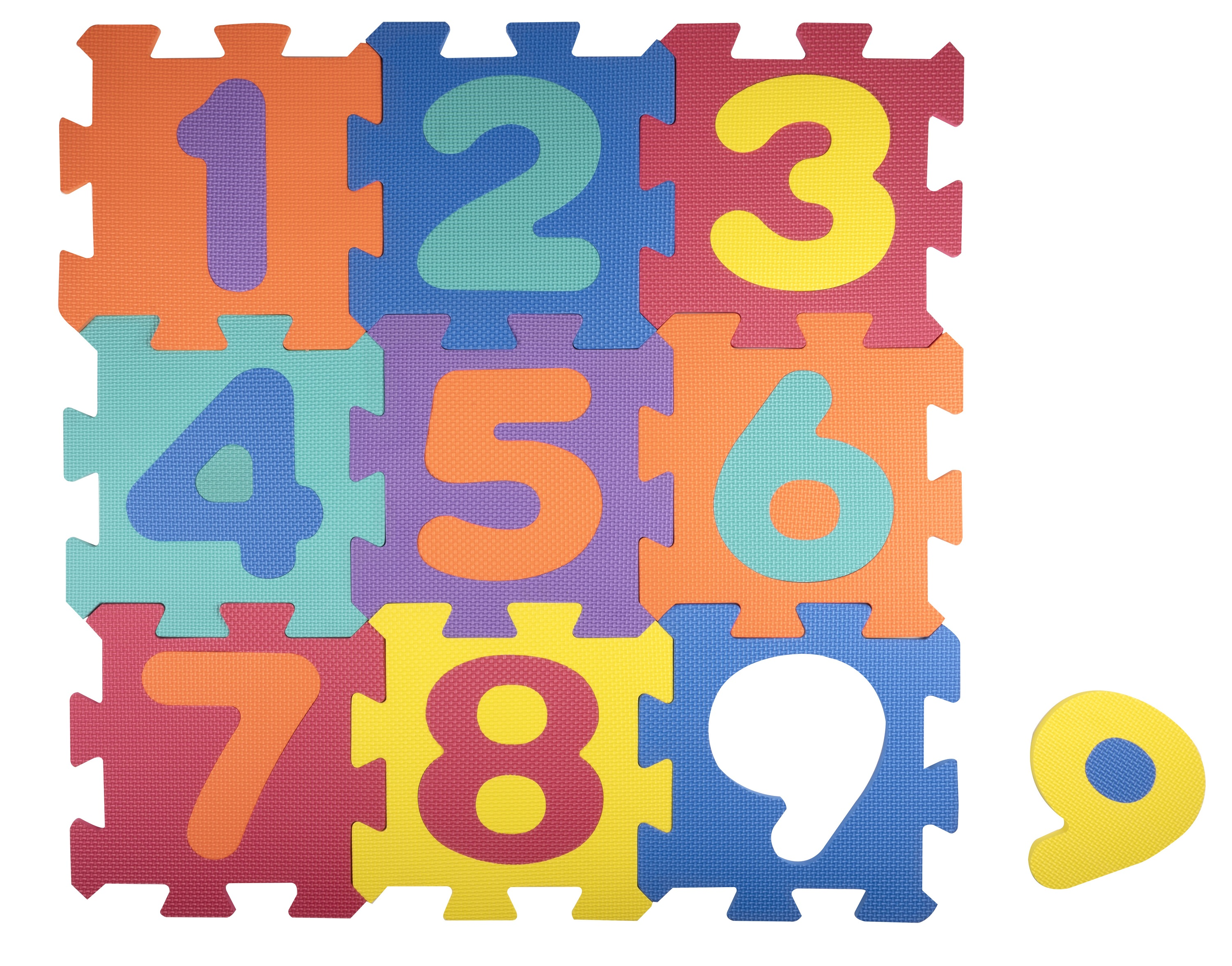 Colorful foam puzzle with numbers 1-9. Each number is a different color and in a square shape.
