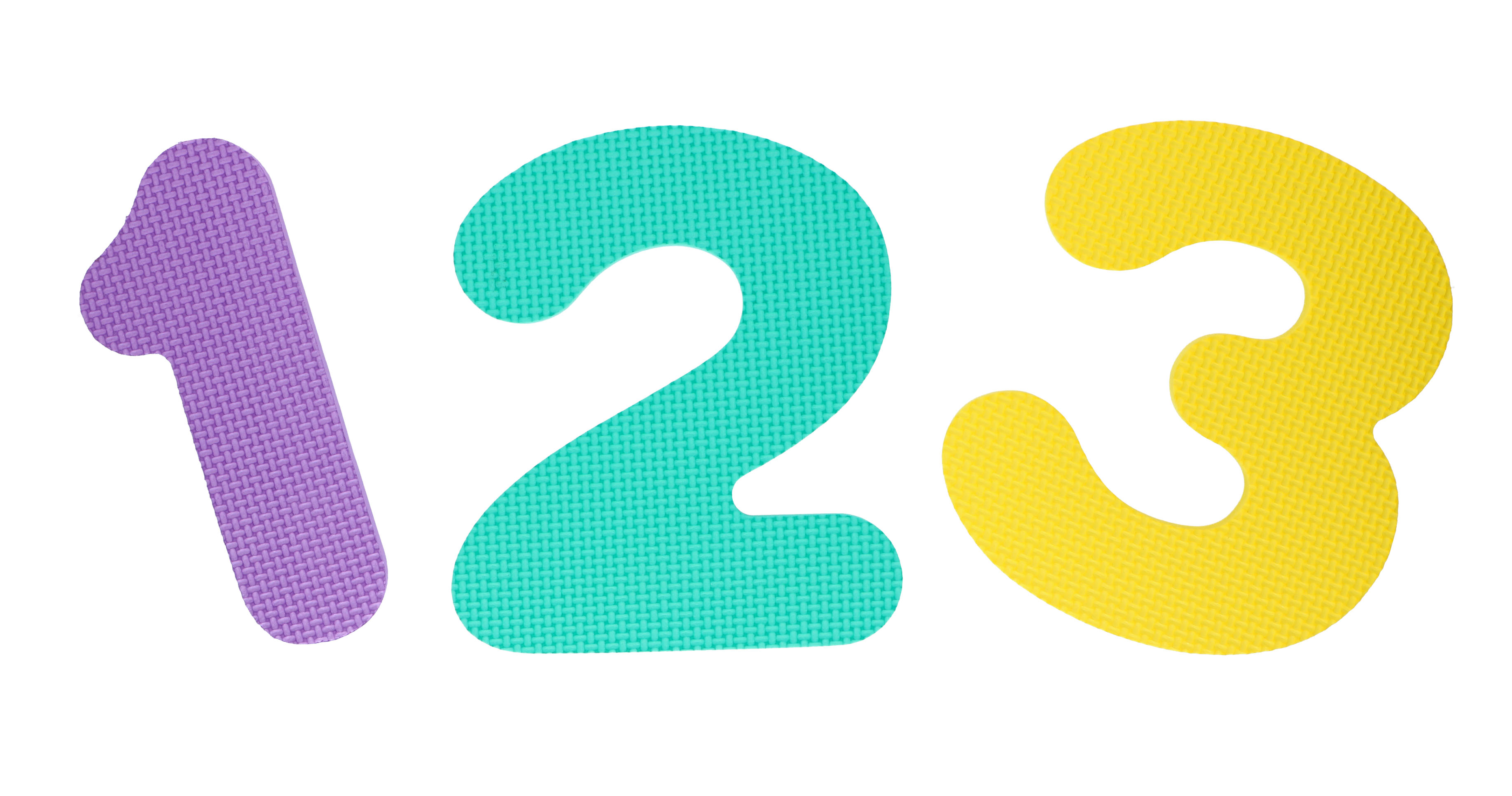 Three foam numbers: purple 1, teal 2, yellow 3, isolated on white background.