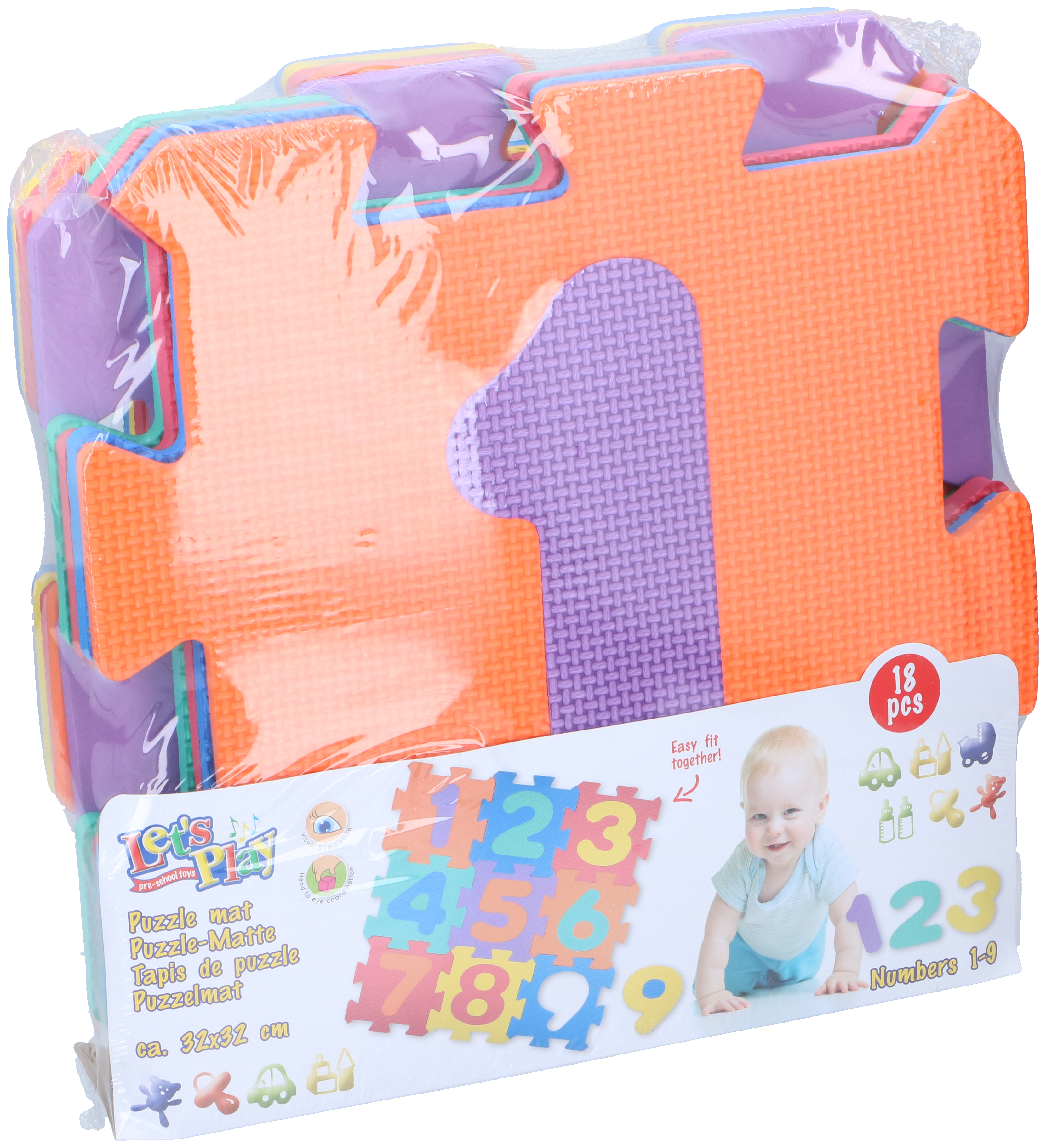 A colorful foam puzzle mat with numbers, packaged with a baby on the box.
