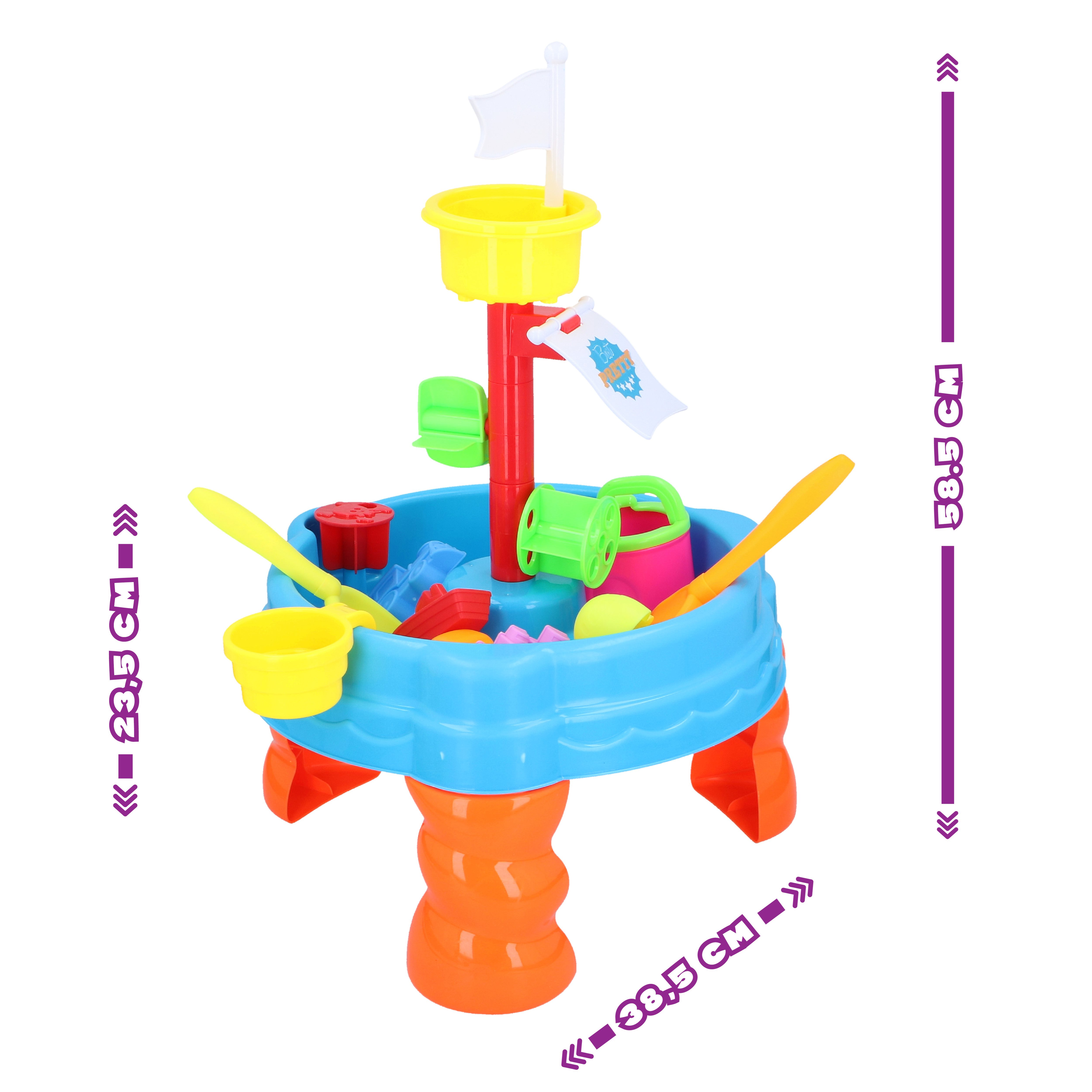 A colorful toy sand table with dimensions and a small white flag.