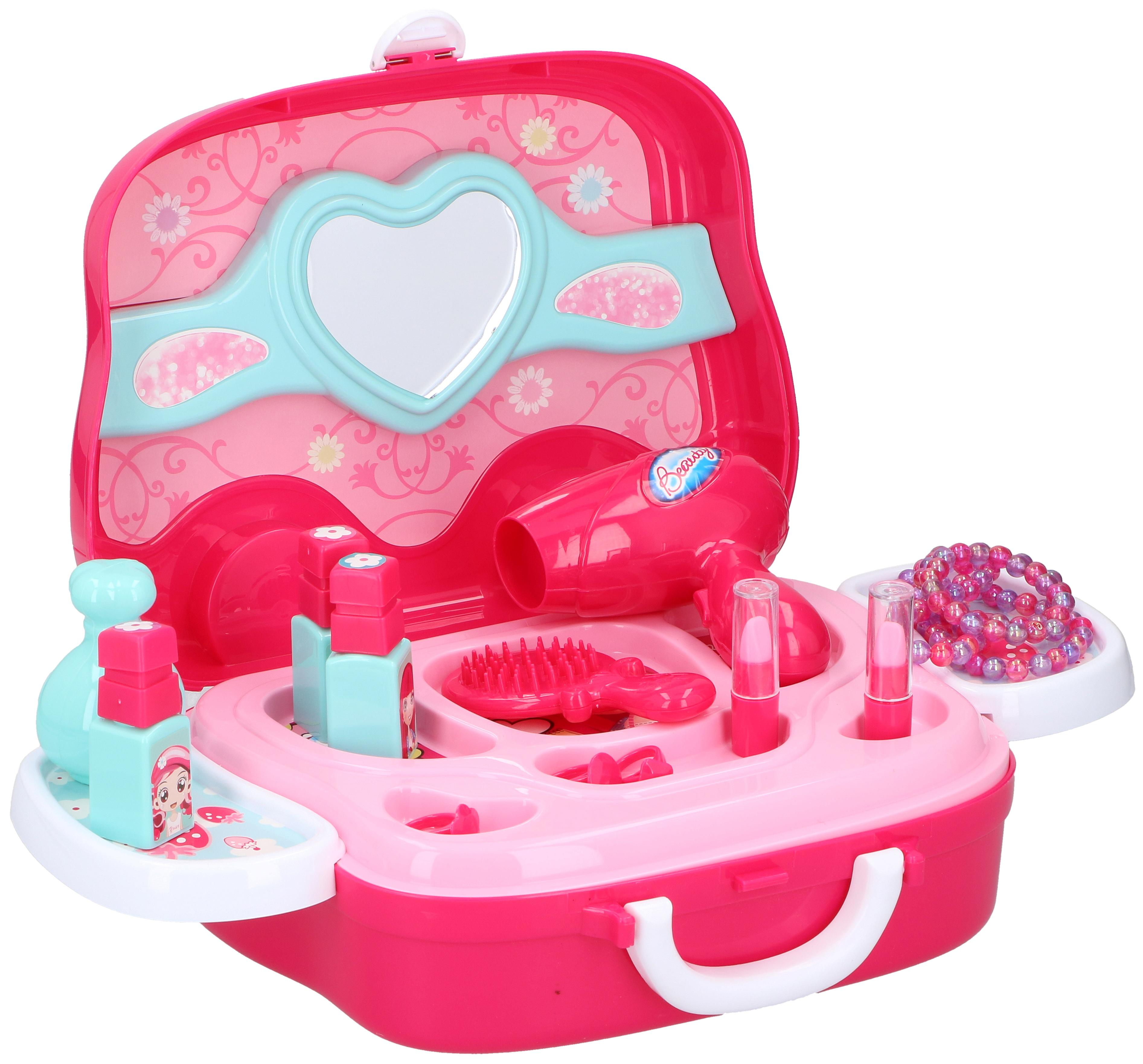 Pink toy makeup kit with accessories.