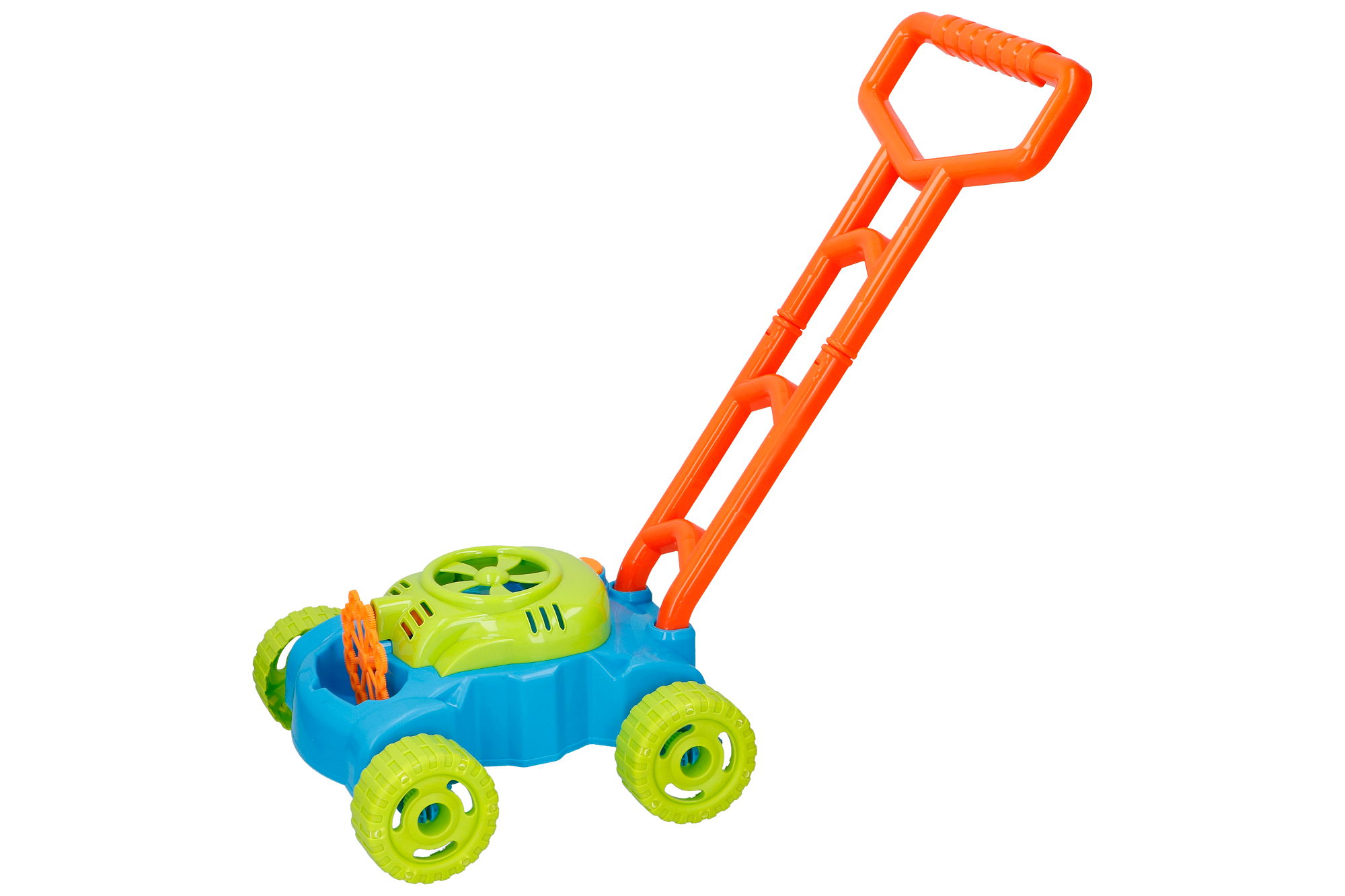 A toy lawnmower is blue, green, and orange. It is on a white background.