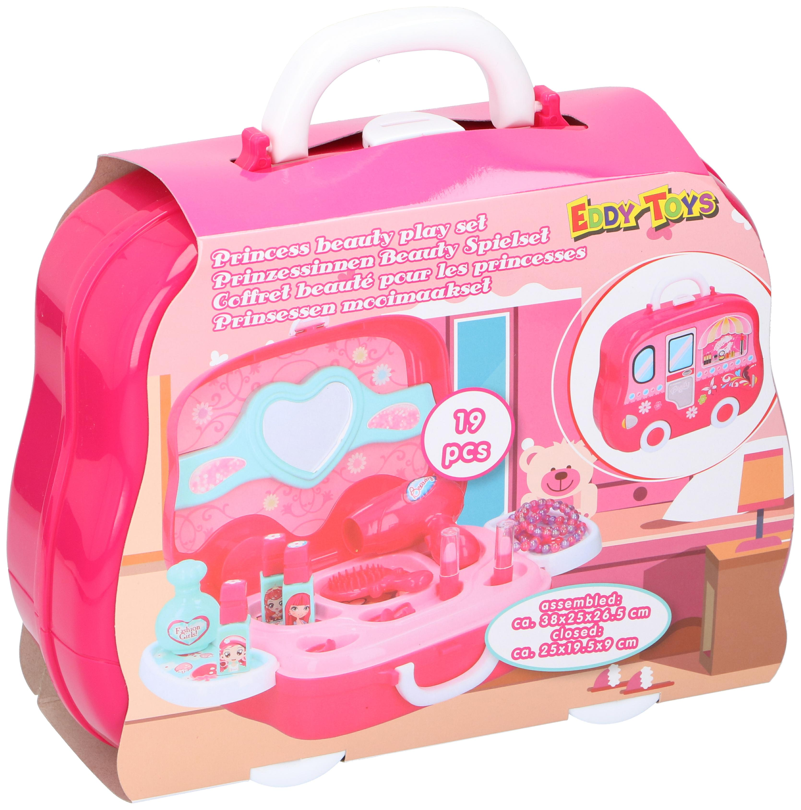 A pink princess beauty play set in a carrying case. The case has a handle and is packaged.