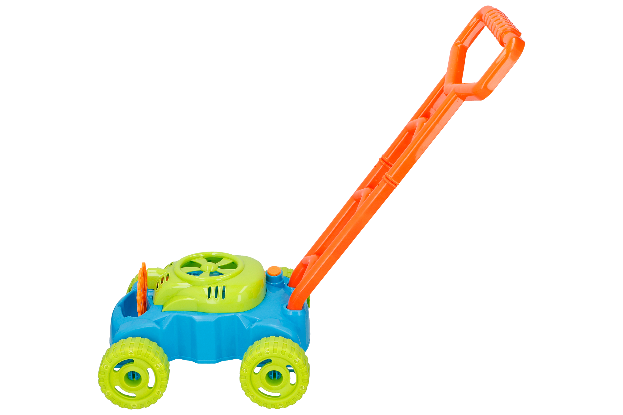 Toy lawnmower in blue and green with orange handle and wheels. White background.