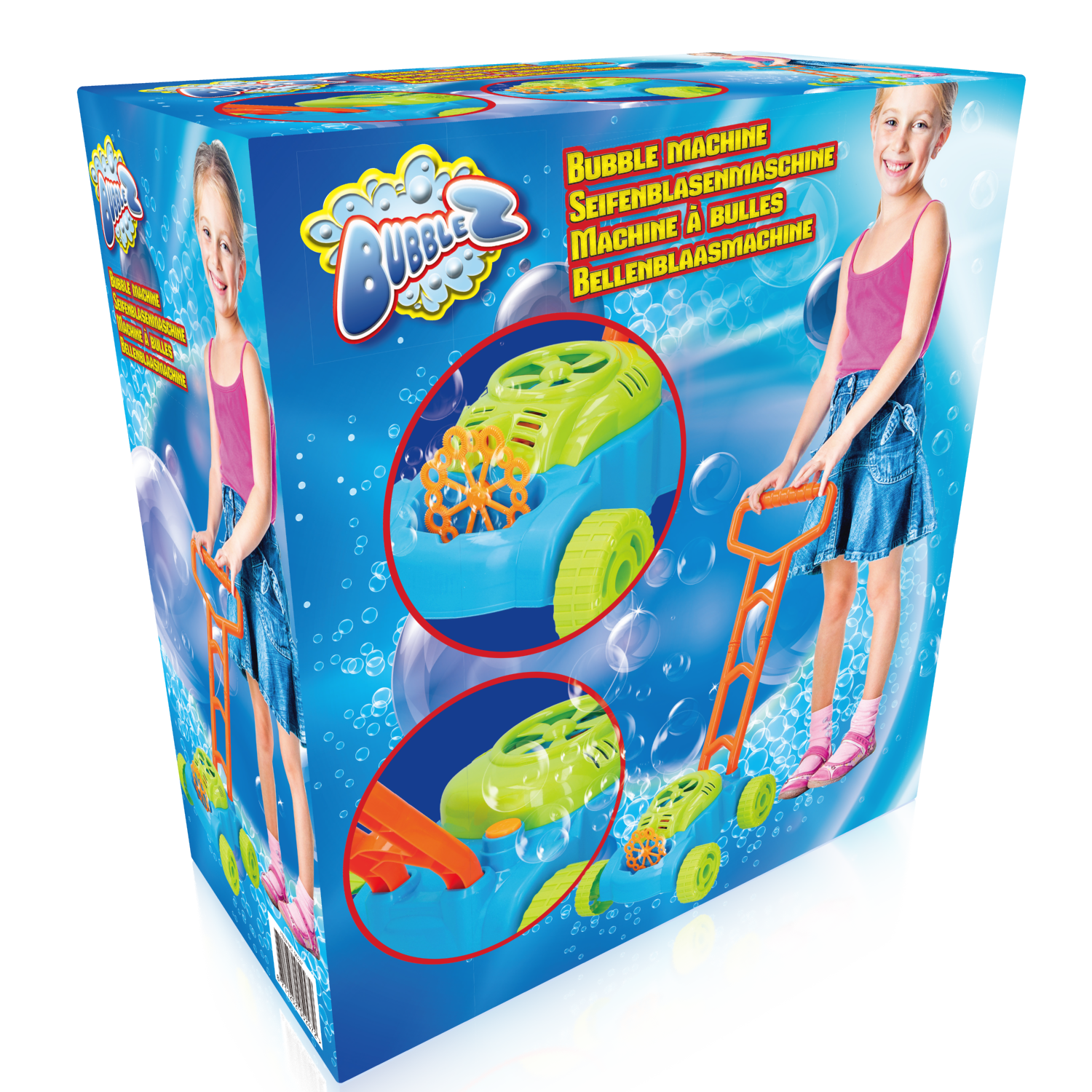 A box with a toy bubble machine. It has a girl holding the machine with pink clothes.