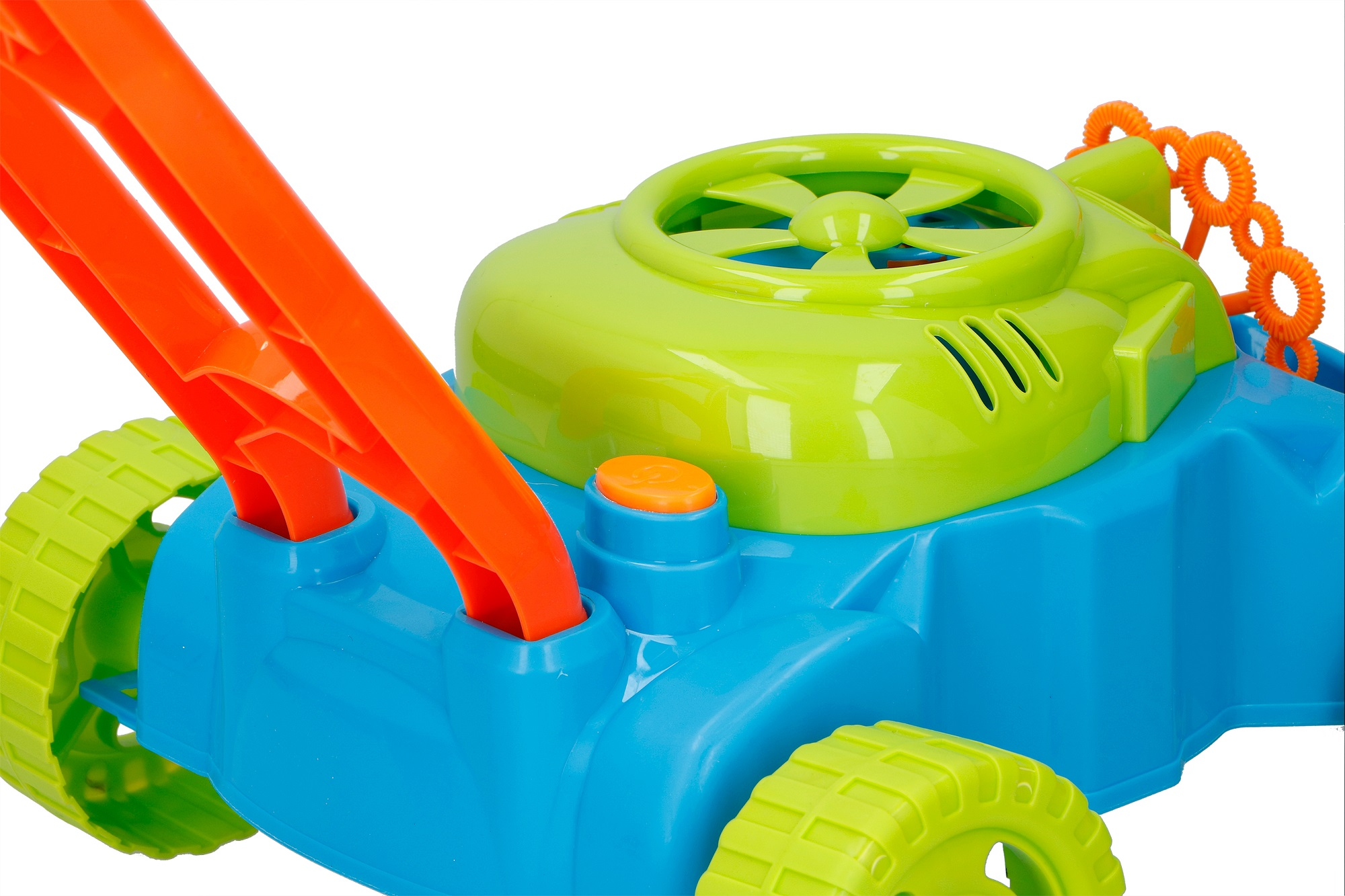 Toy lawnmower with orange handle and green details, bubbles.