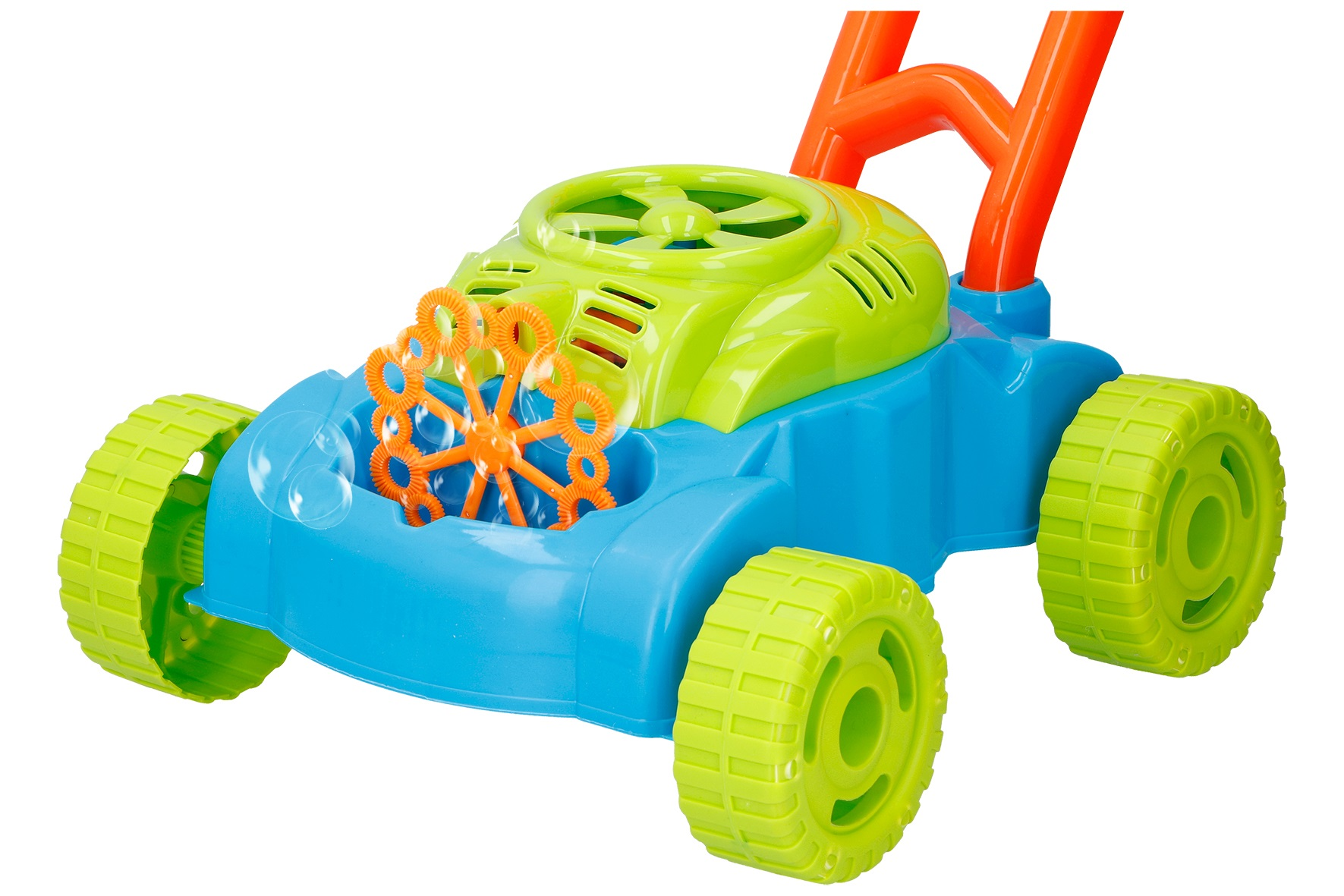 Toy bubble mower with green and blue body, orange handle and wheels. Children's toy, outdoor play.