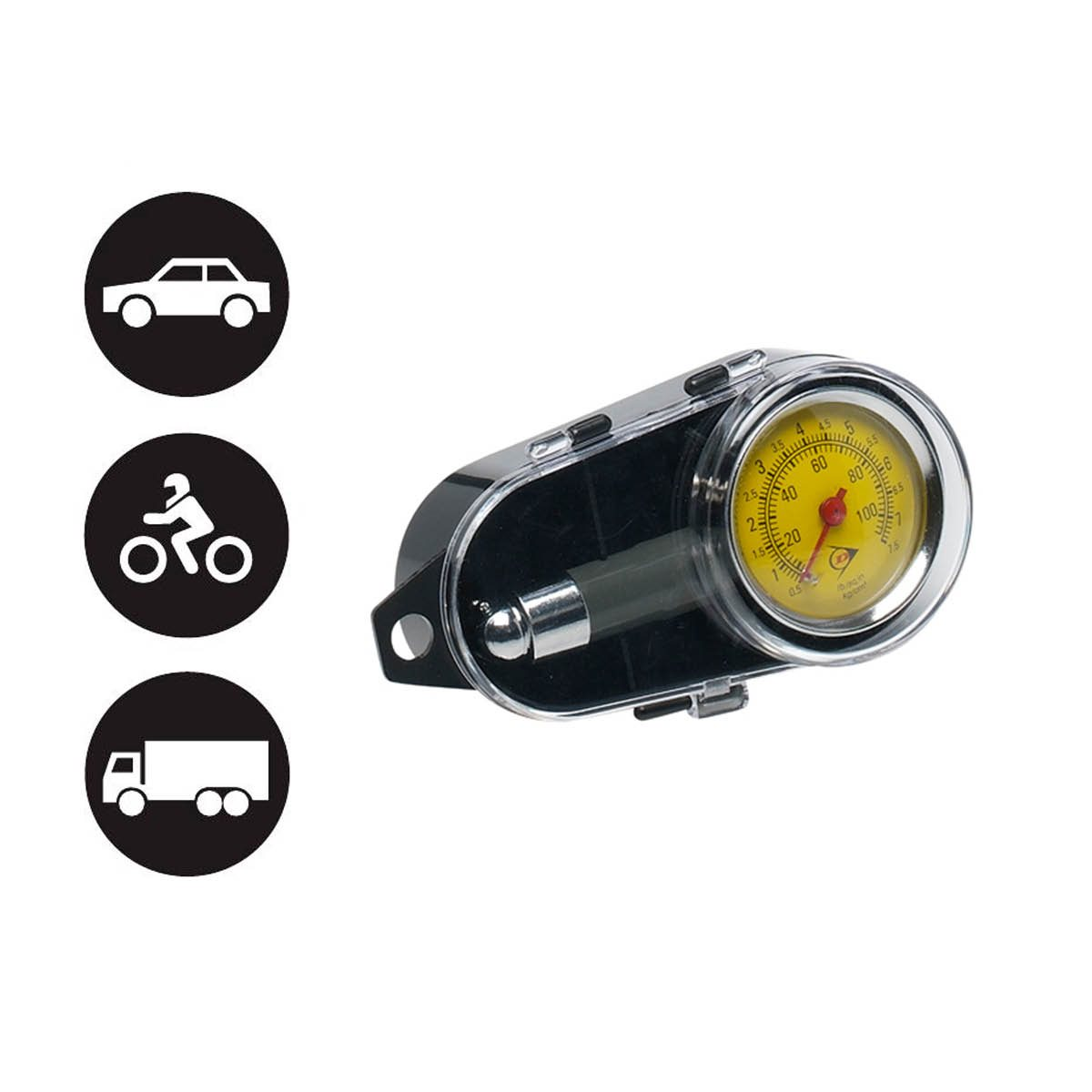 Een bandenspanningsmeter met auto-, motor- en vrachtwageniconen.