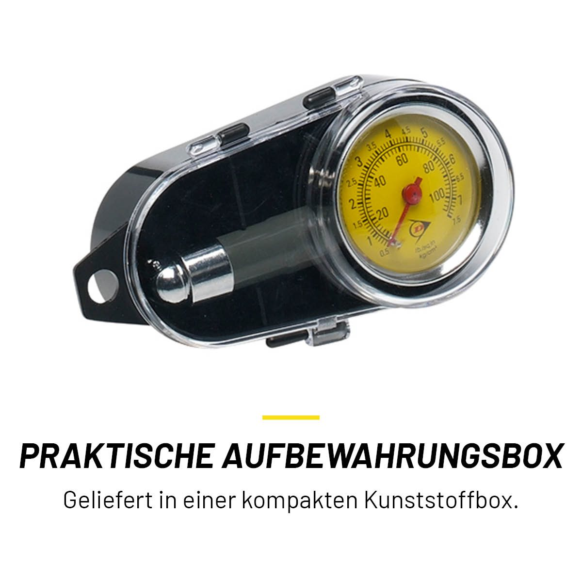 Gele bandenspanningsmeter in een zwarte behuizing, met een transparante deksel. Productlabel onderaan.