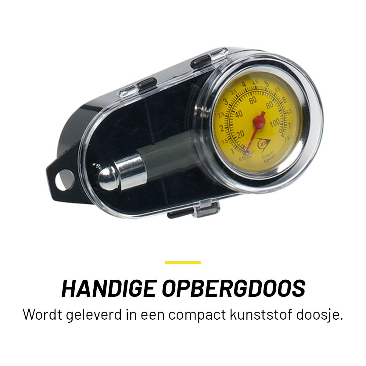 Bandenspanningsmeter in een zwarte behuizing. Tekst: Handige opbergdoos.