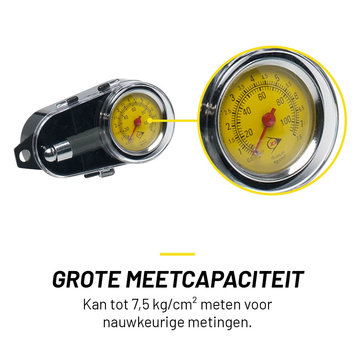Een bandenspanningsmeter met gele wijzerplaat toont druk in kg/cm2. Detail van de meter.