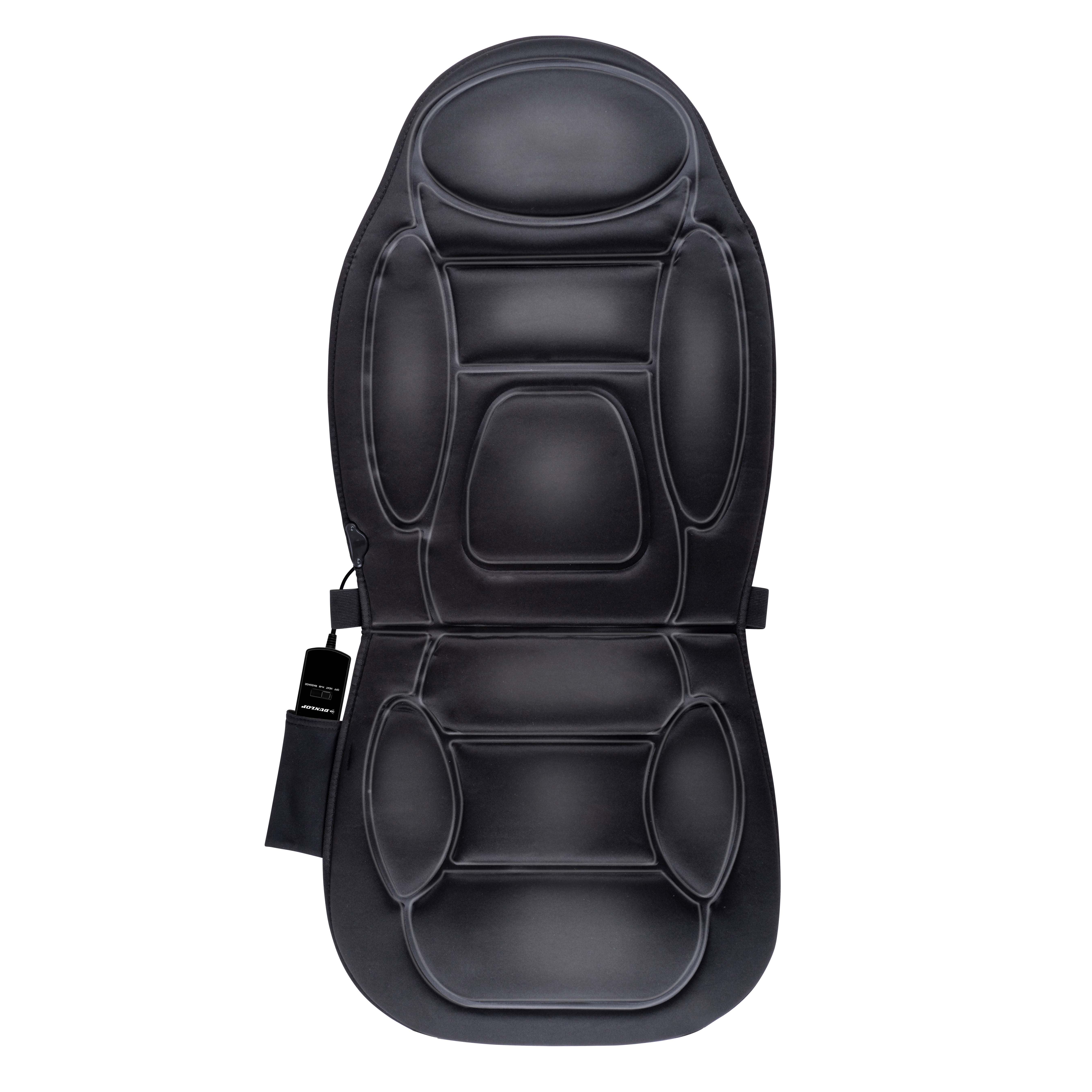 Zwarte massage stoelbekleding met bevestigde bediening. Het heeft meerdere gewatteerde secties.