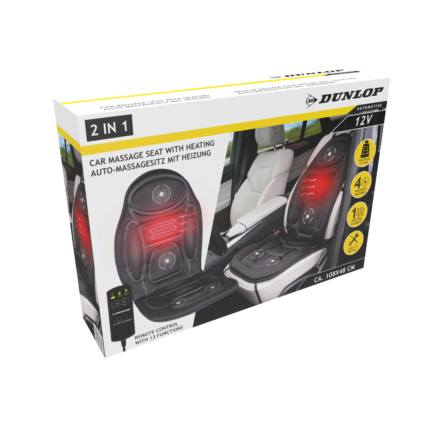 Een doos met een automassagestoel met verwarming. Afstandsbediening wordt getoond. 2 in 1 functie.