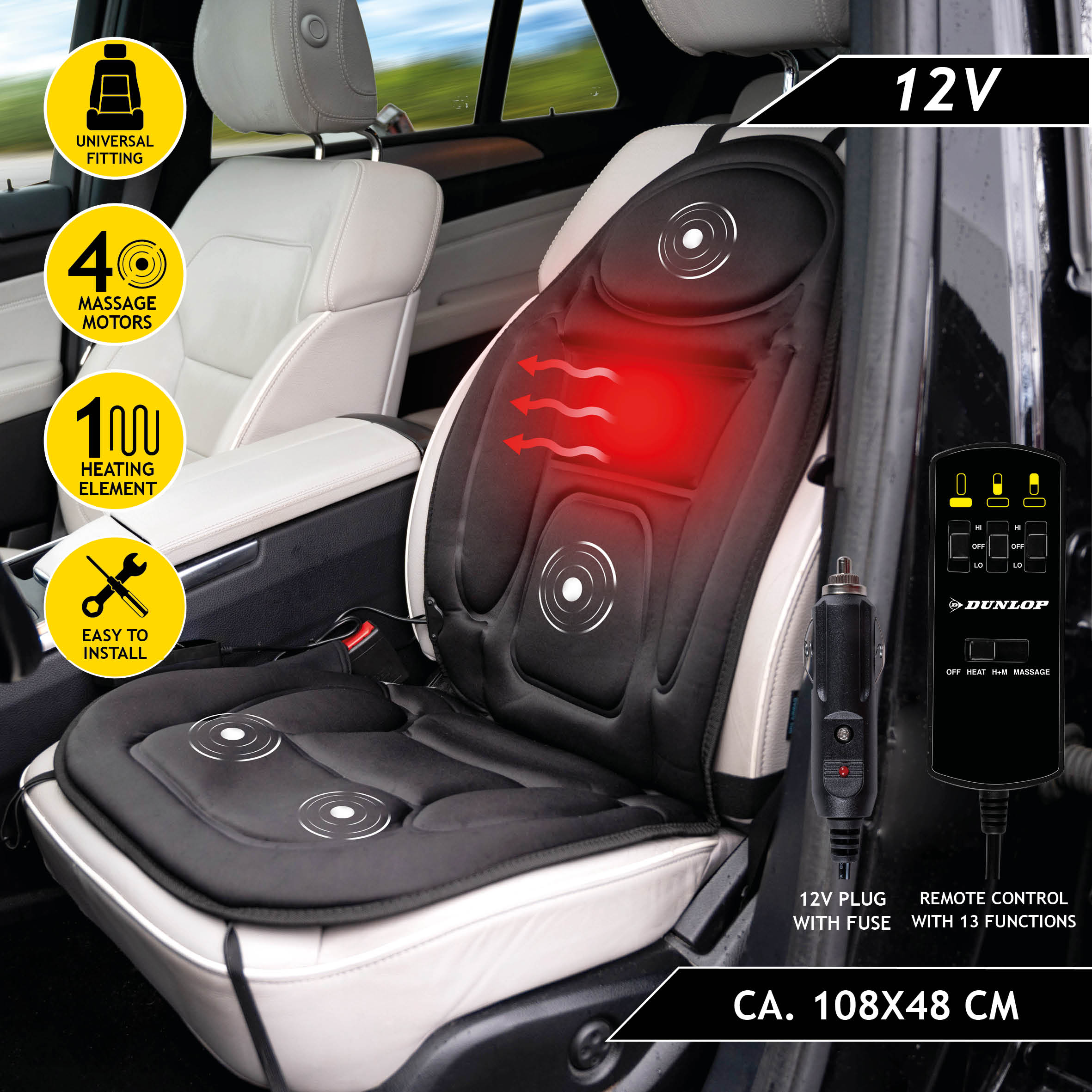 Zwarte autostoelbekleding met massage- en verwarmingsfuncties. Inclusief afstandsbediening en 12V-stekker.