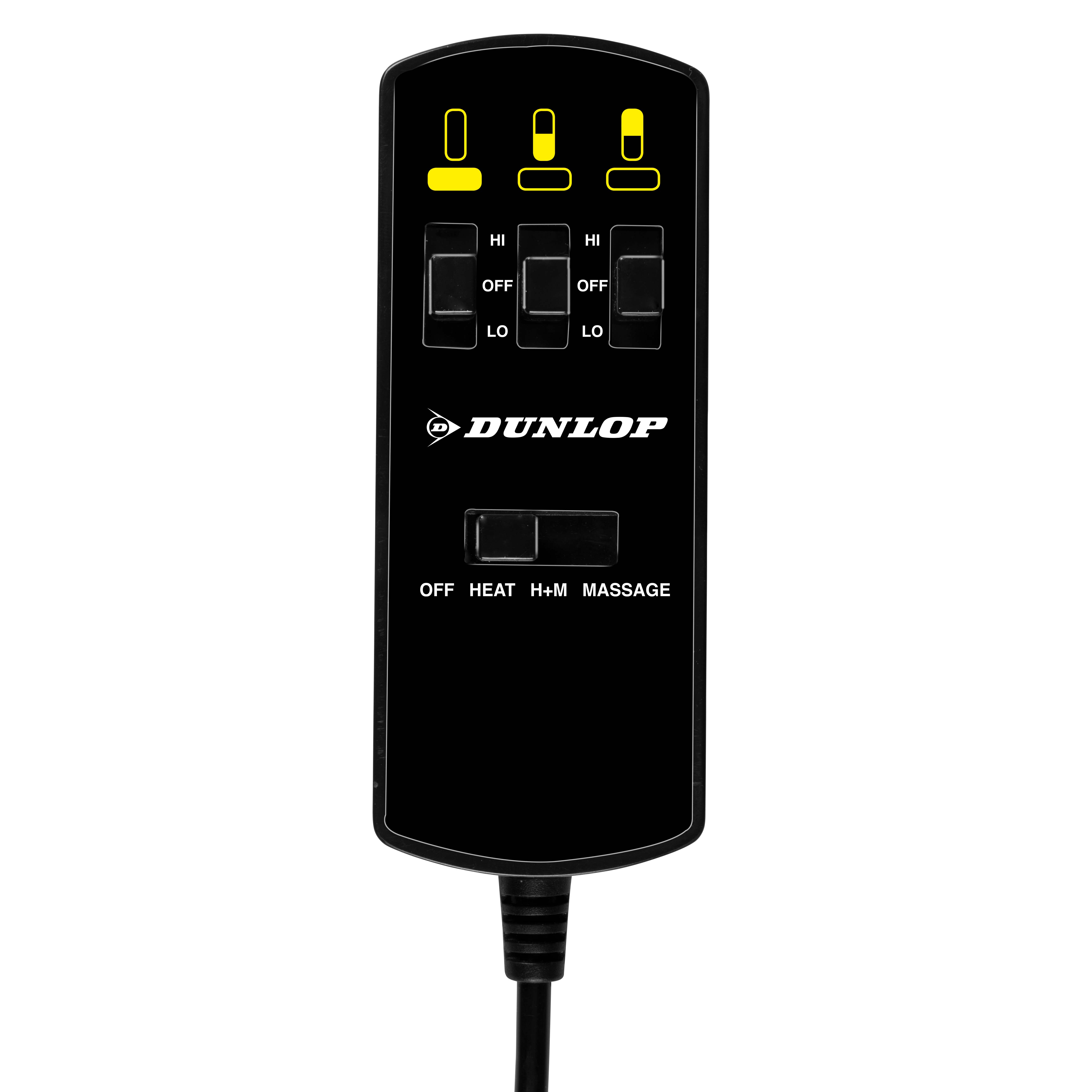 Zwarte afstandsbediening met meerdere knoppen en het DUNLOP-logo. Inclusief knoppen voor massage en warmte.