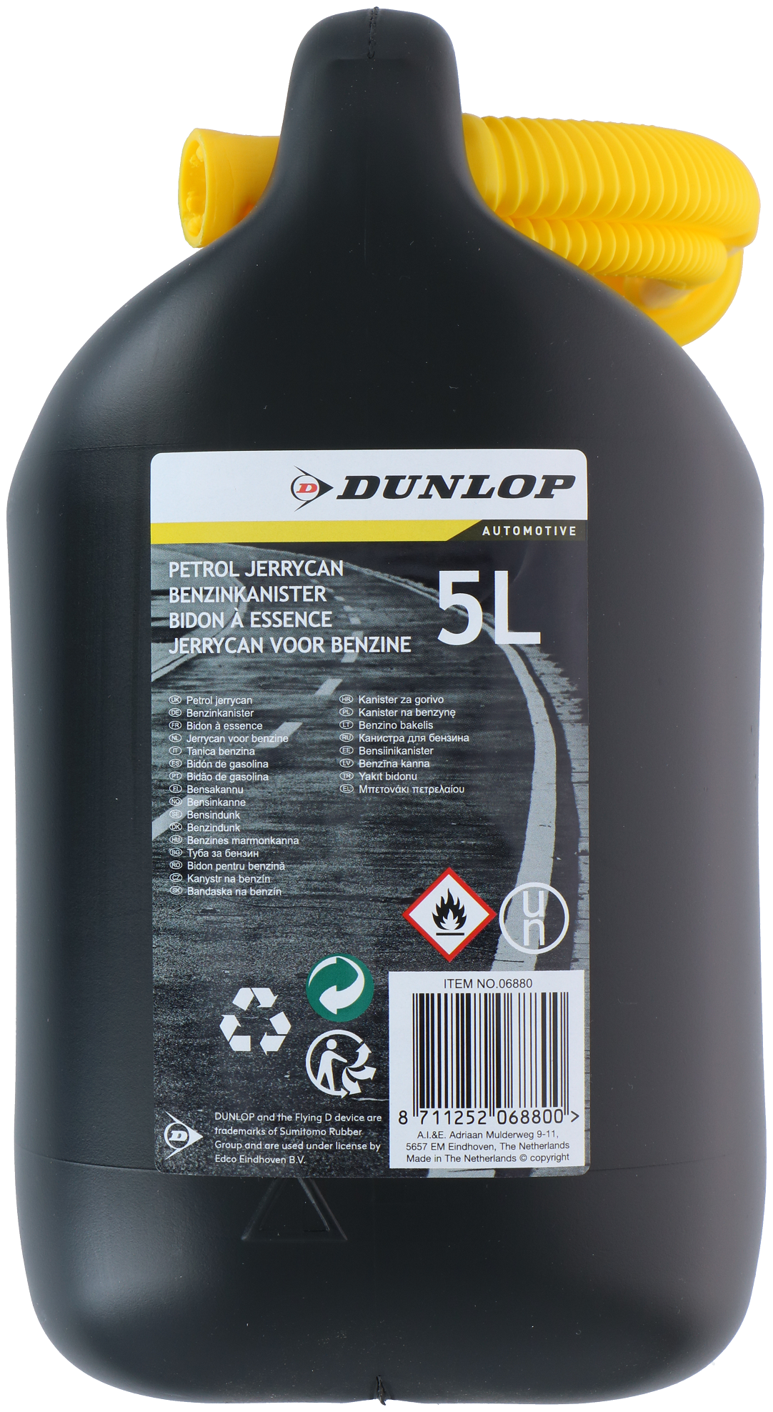 Een zwarte 5L benzine jerrycan met een gele handgreep, tegen een witte achtergrond.