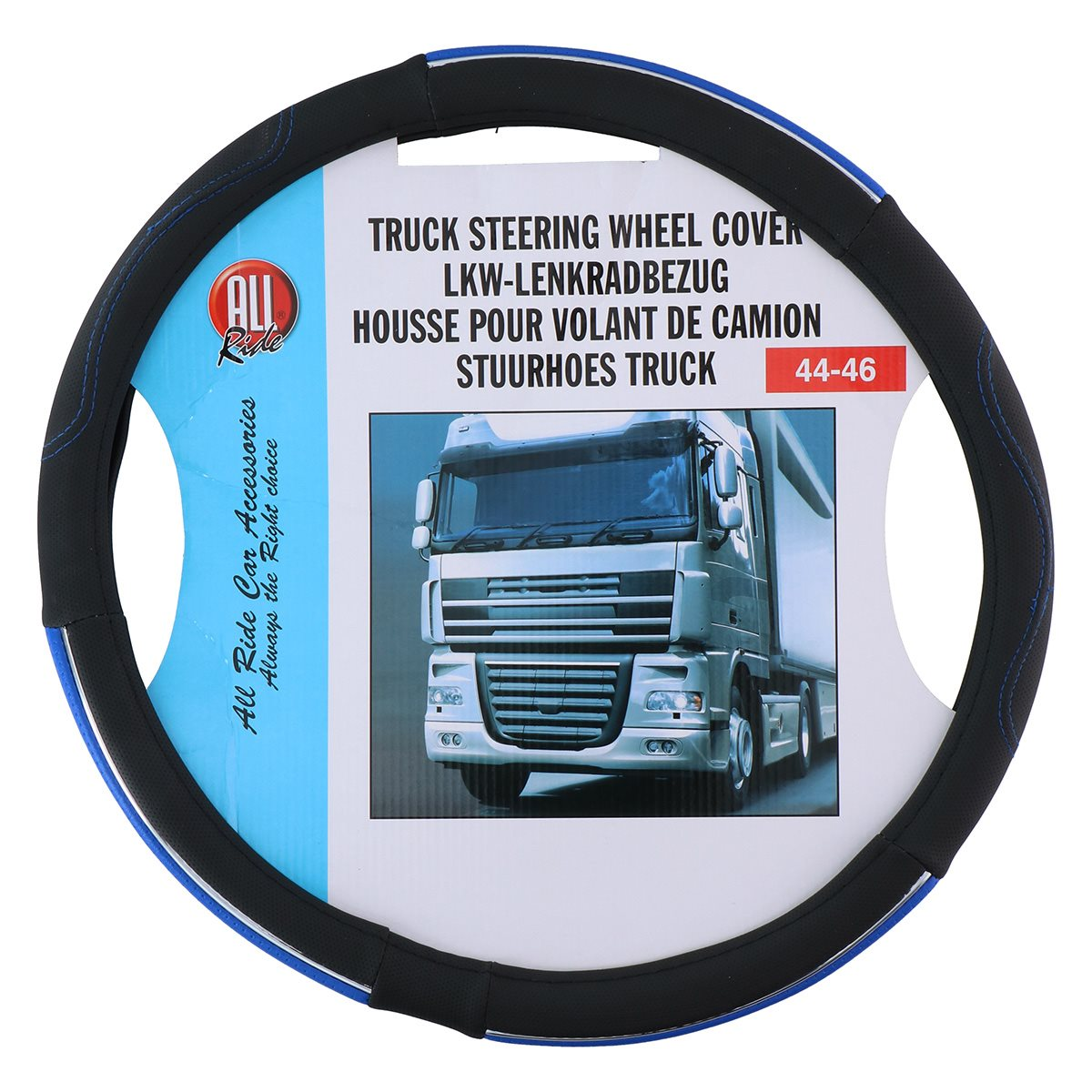 Zwarte en blauwe vrachtwagen stuurwielhoes met tekst, een vrachtwagen afbeelding.
