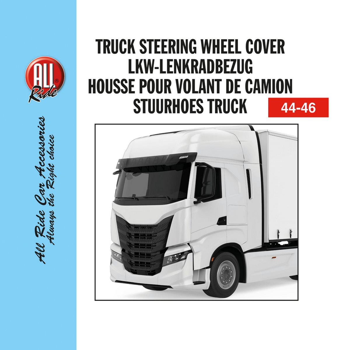 Witte vrachtwagen met een zwarte grille. Details van de vrachtwagen stuurwielhoes inbegrepen.