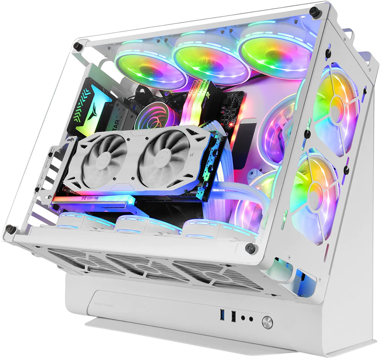 Un case per computer bianco con più ventole colorate e componenti del computer.