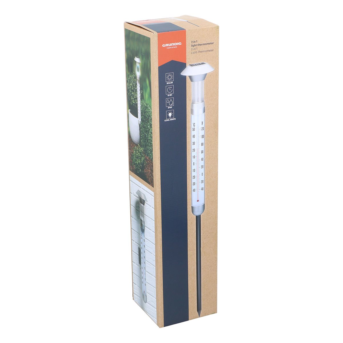 Tall box with a thermometer and a white and clear plastic part. It is a solar light thermometer.