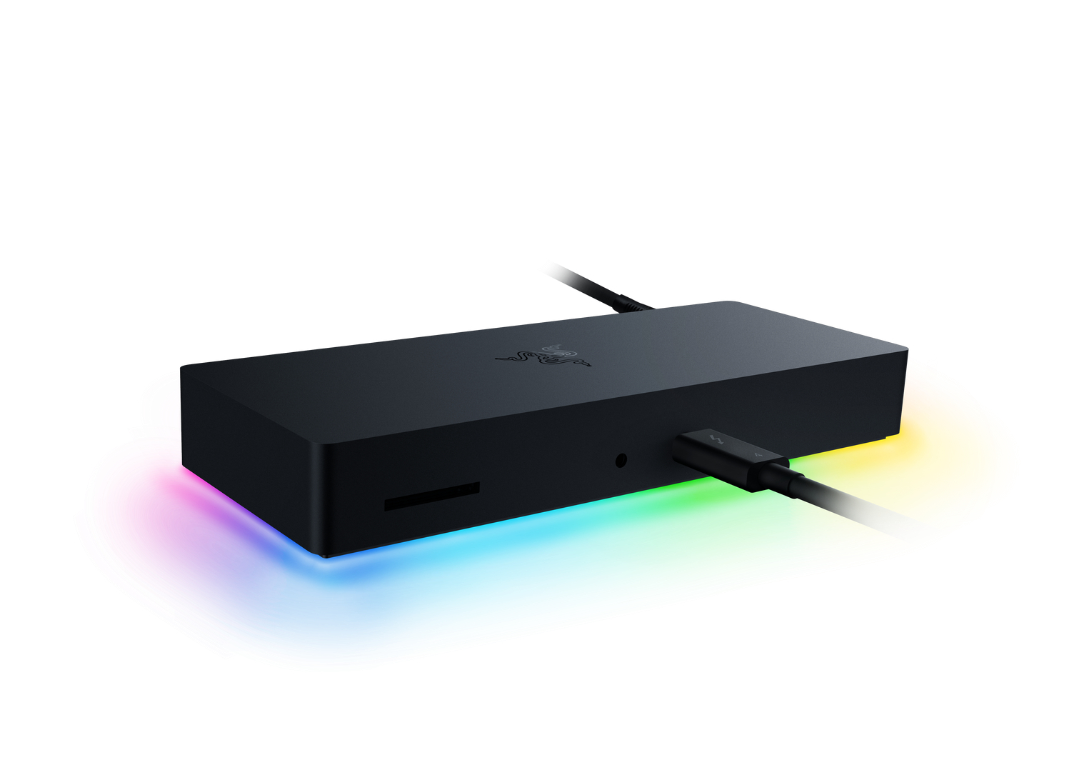 Schwarze Razer-Dockingstation mit eingestecktem Kabel. Es hat eine farbenfrohe Beleuchtung entlang der Unterkante.