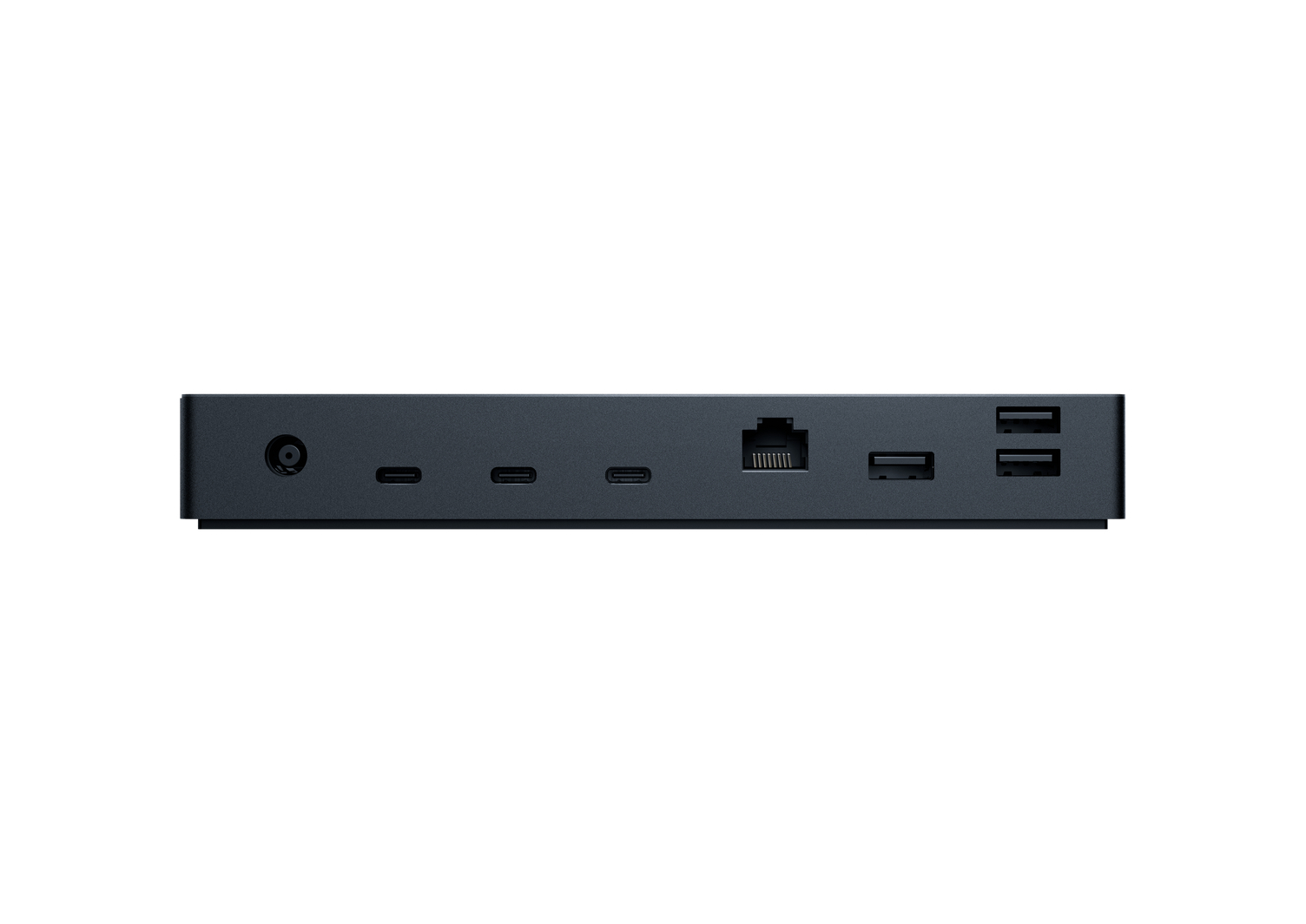 Die Rückseite eines schwarzen Geräts zeigt Anschlüsse: Strom, USB, Ethernet usw.