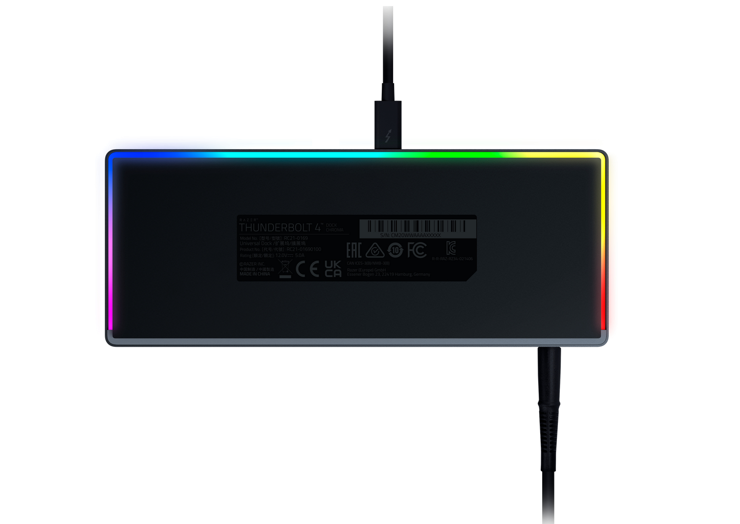 Schwarze Ladestation mit Thunderbolt 4 Port. Bunte Lichter am Rand.
