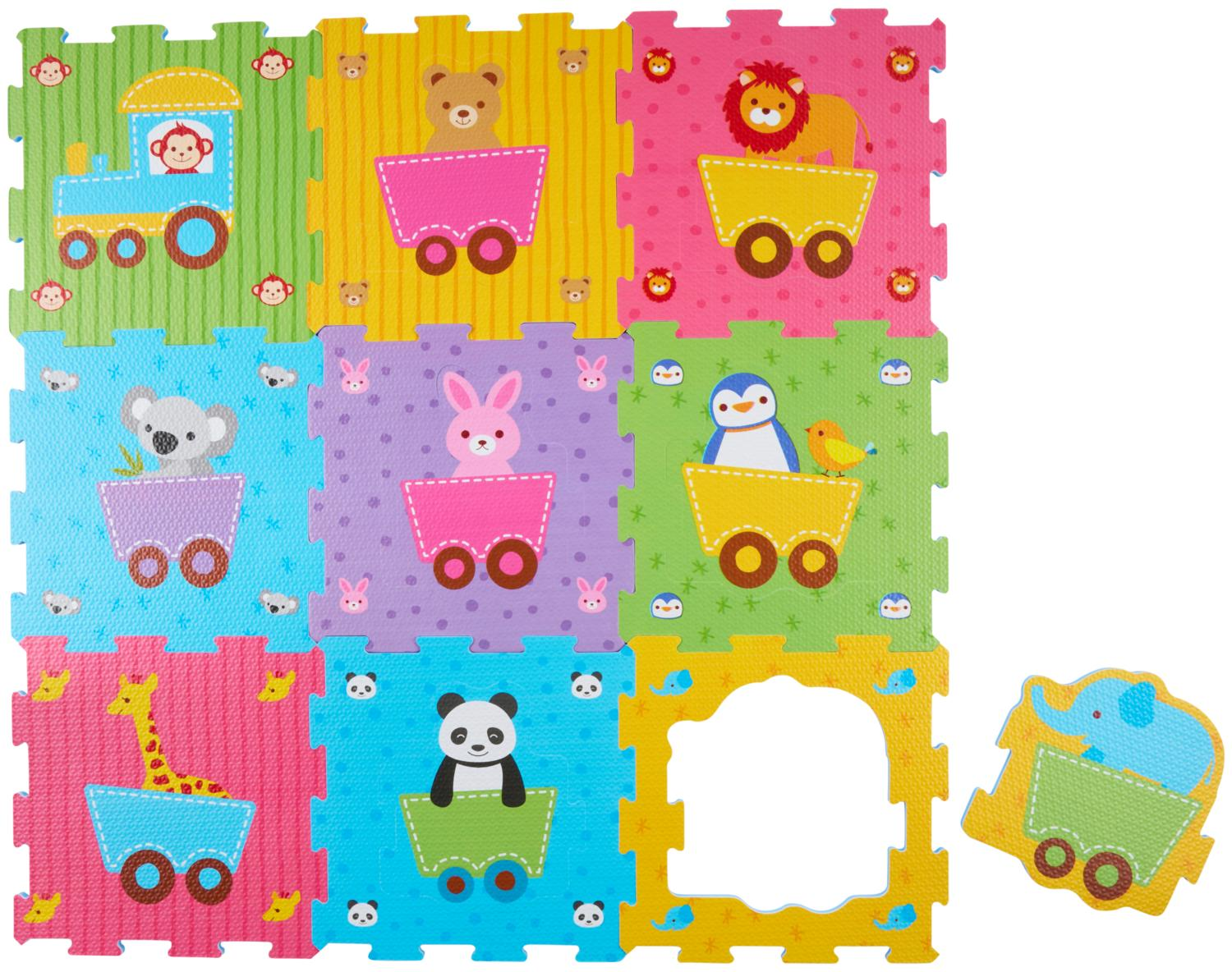 Colorful foam play mat with train and animal carriages. Animals: monkey, bear, lion, koala, bunny, penguin.