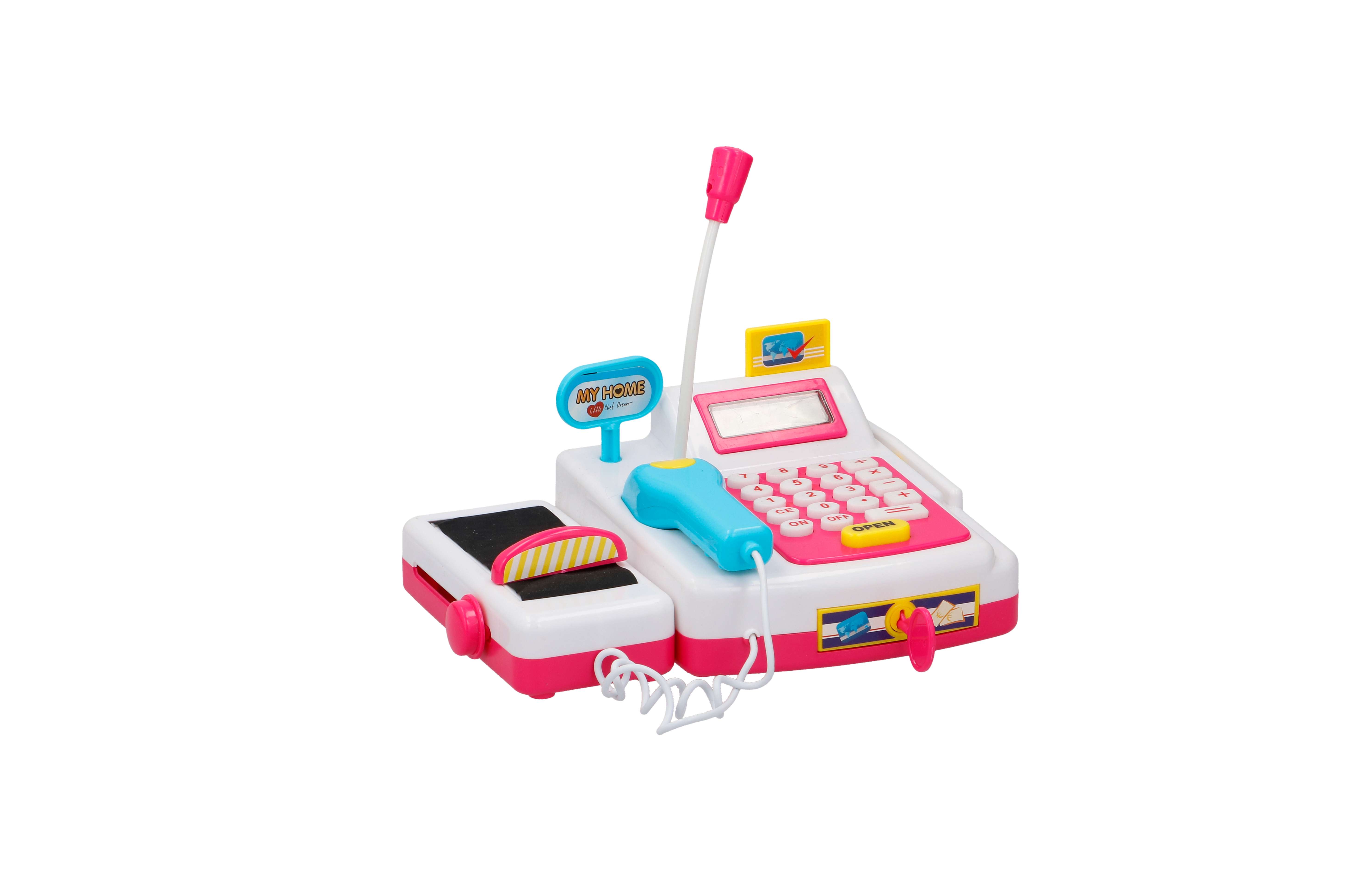 A pink and white toy cash register with a small screen, buttons, and a phone.