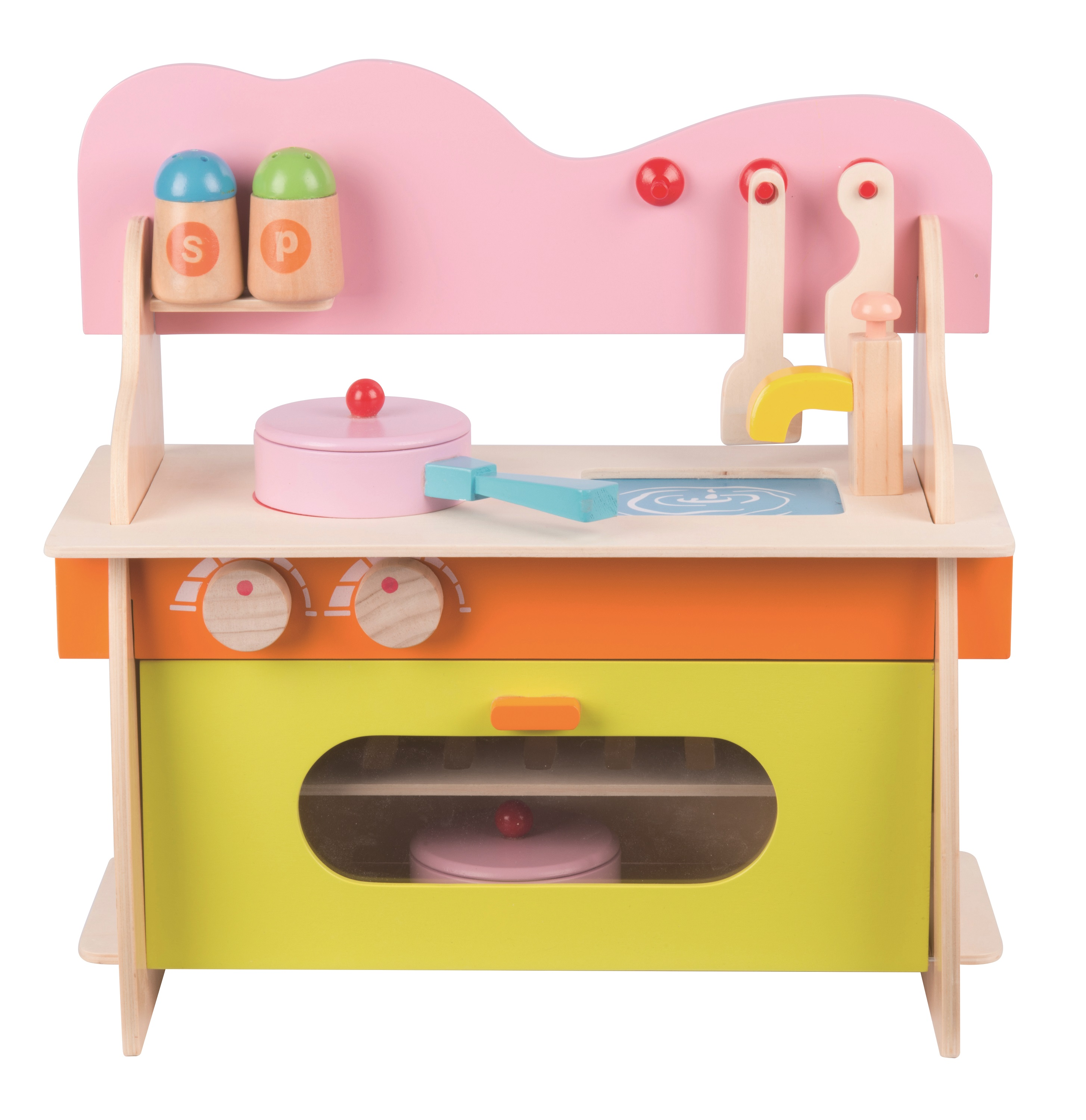Wooden toy kitchen with accessories and colorful design.