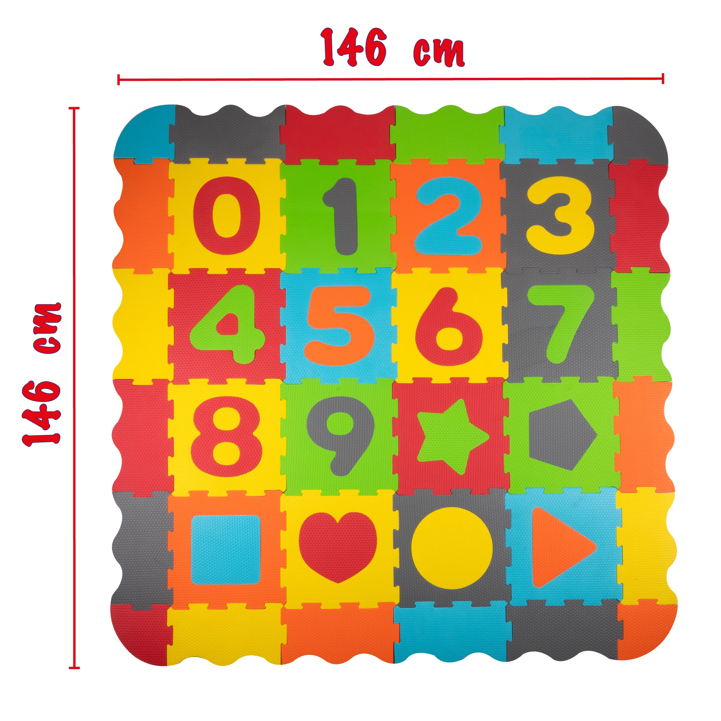 A colorful foam puzzle mat with numbers and shapes, dimensions are 146 cm x 146 cm.