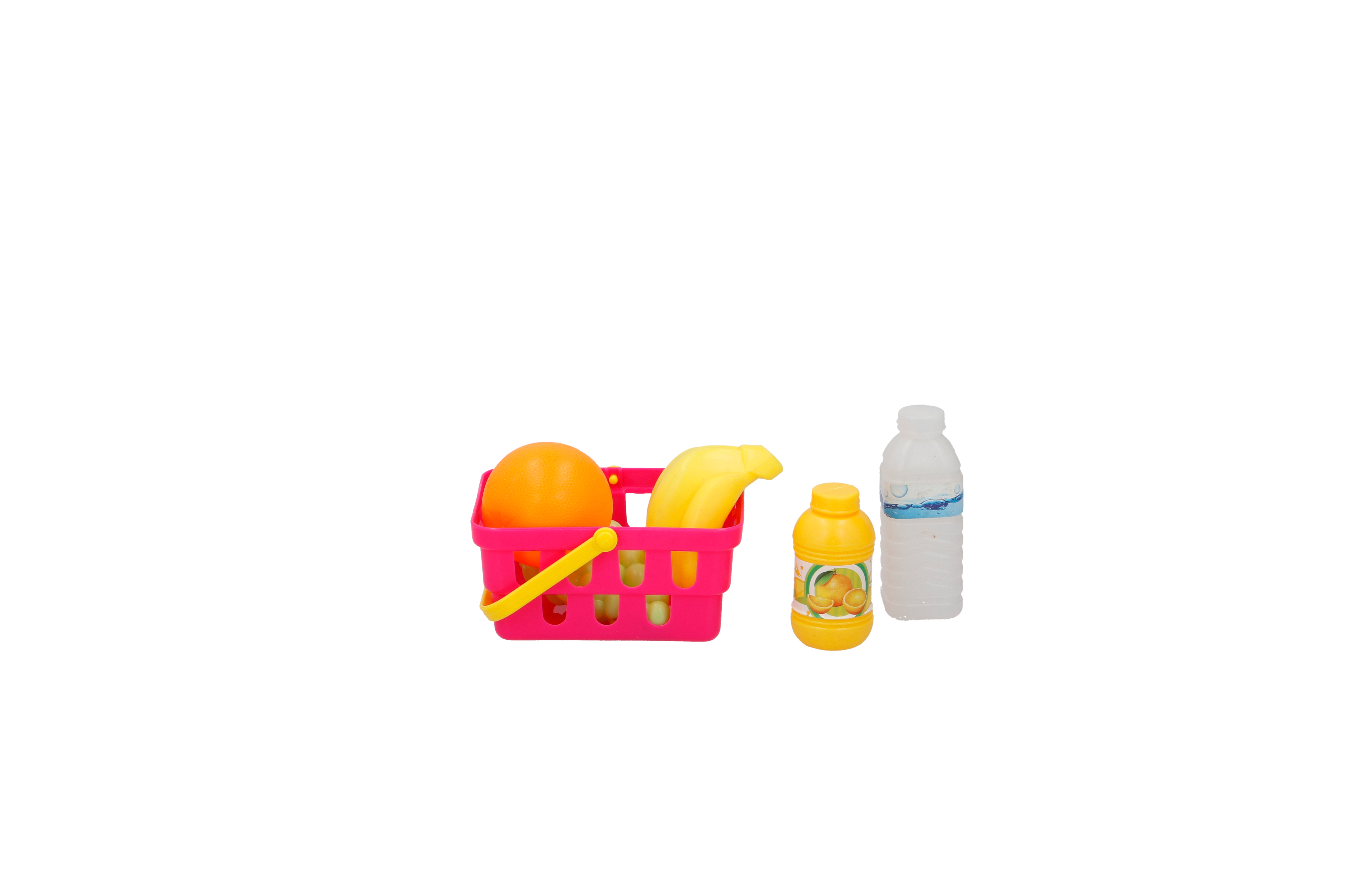 Toy shopping basket with an orange, bananas, juice, and water bottle on a black background.