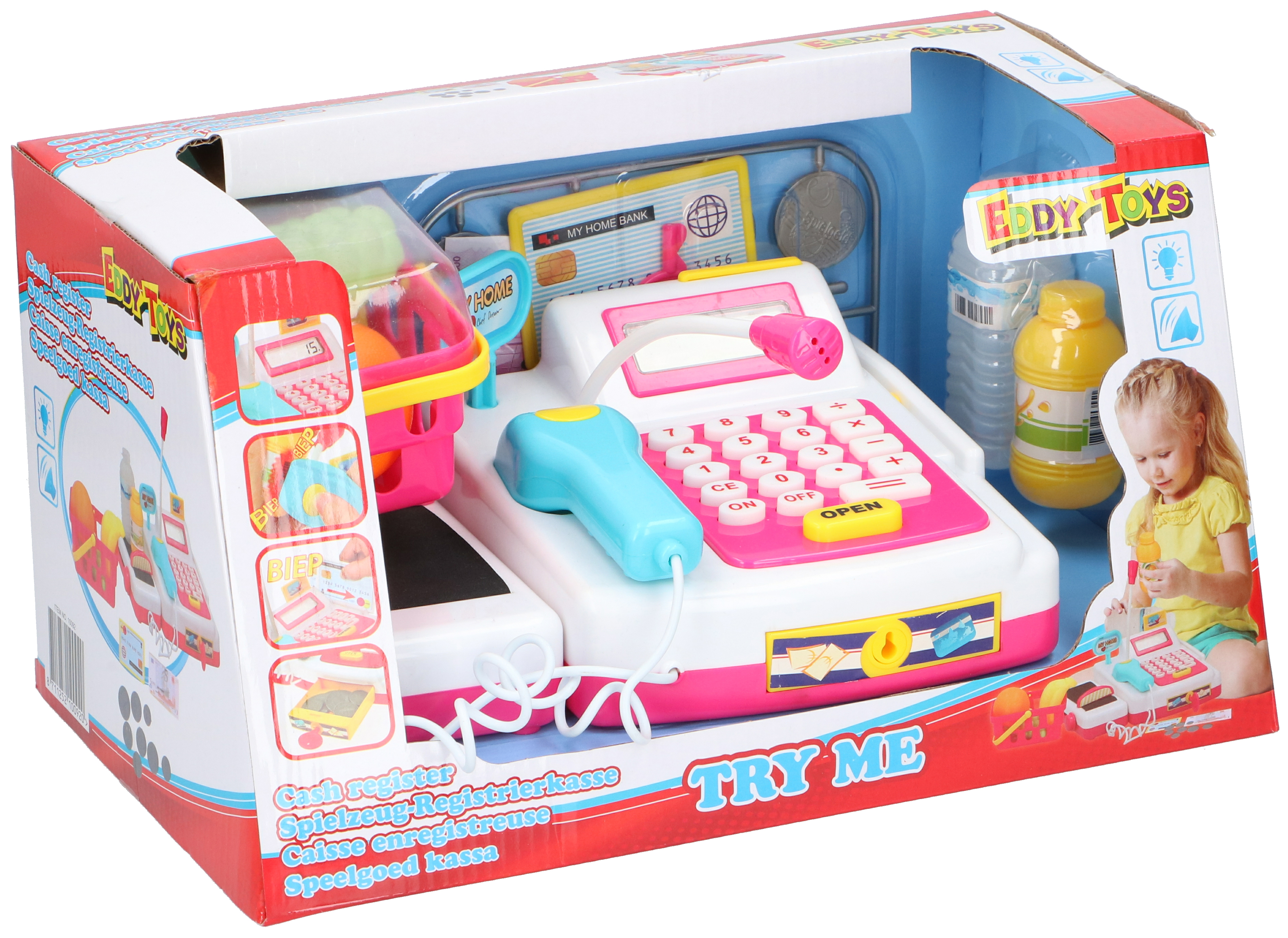 Toy cash register with accessories and a child. Text: Try me.